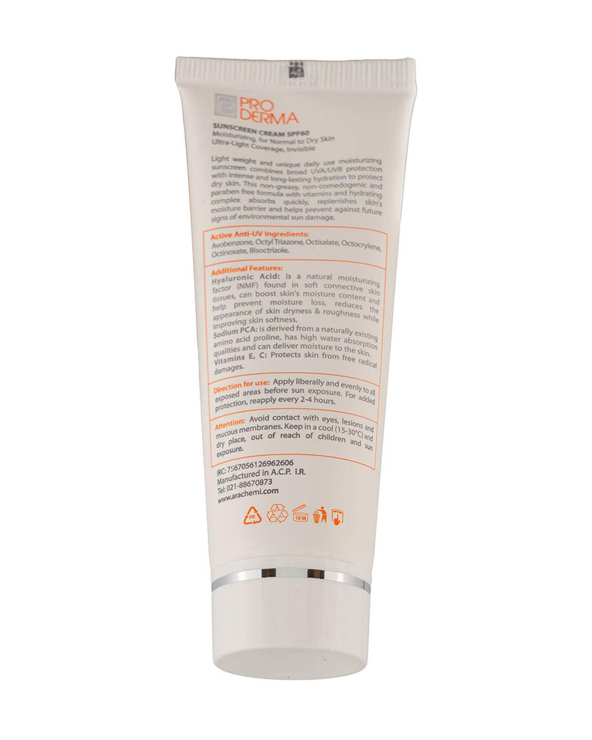 کرم ضد آفتاب بی رنگ SPF60 پرودرما Proderma مناسب پوست معمولی و خشک حجم 40ml