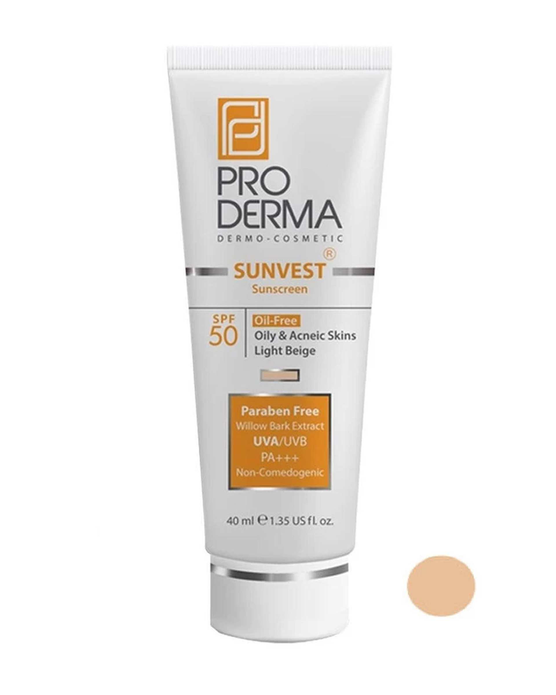 کرم ضد آفتاب رنگی SPF50 فاقد چربی پرودرما Proderma بژ روشن حجم 40ml