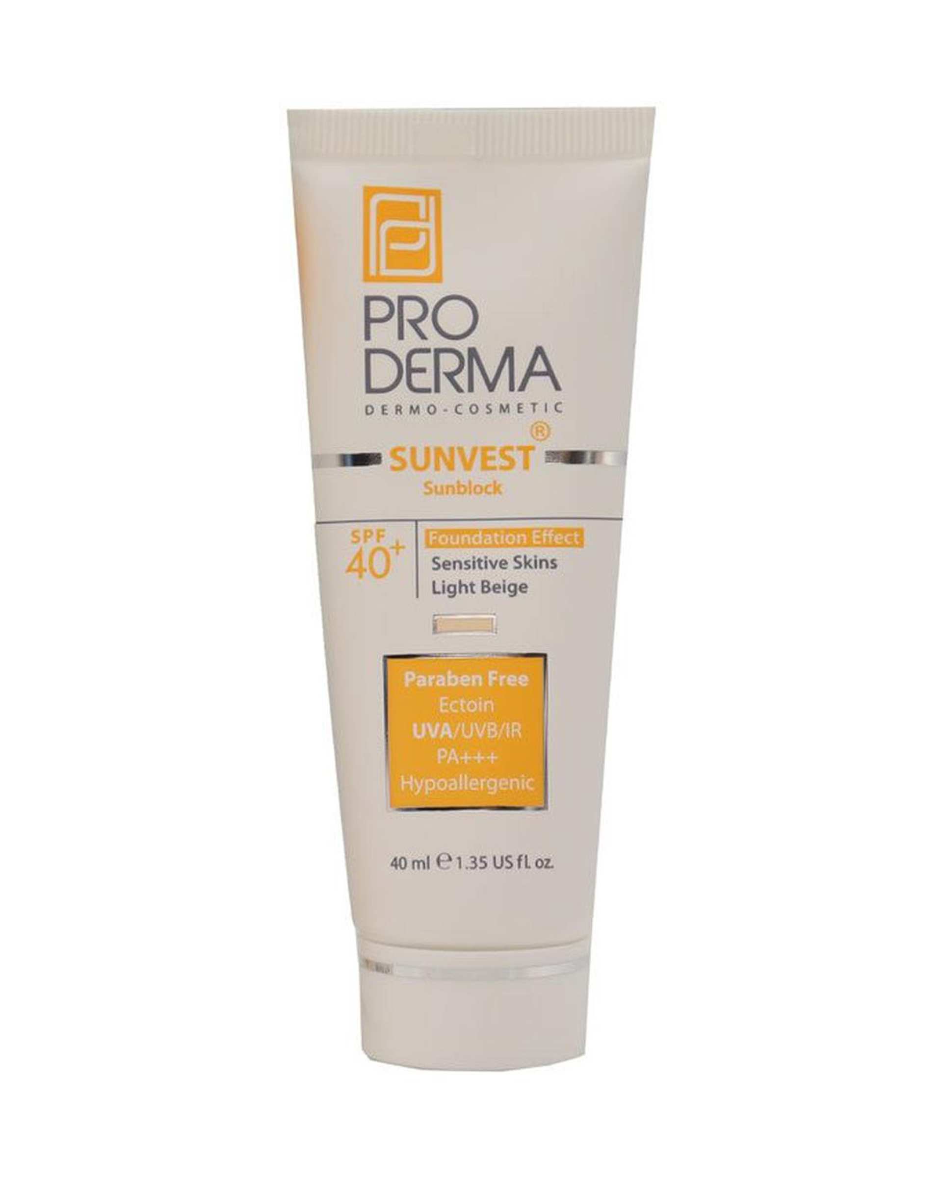 کرم ضد آفتاب فیزیکال رنگی SPF40 پرودرما Proderma مناسب پوست های حساس بژ روشن 40ml