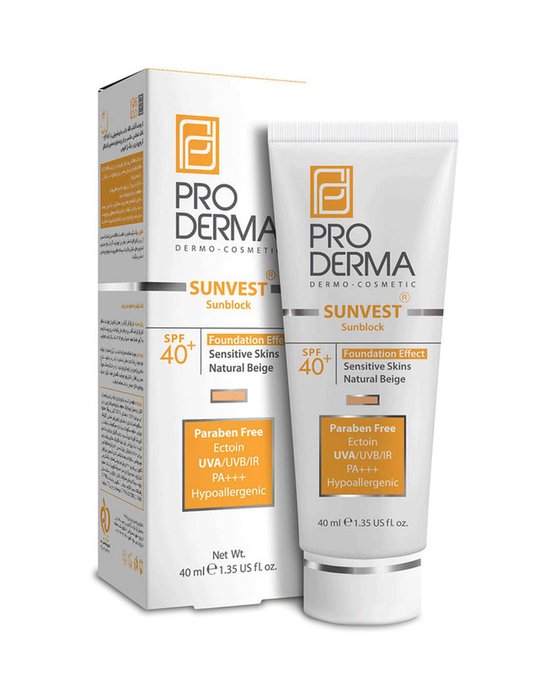 کرم ضد آفتاب فیزیکال رنگی SPF40 پرودرما Proderma مناسب پوست های حساس بژ طبیعی 40ml