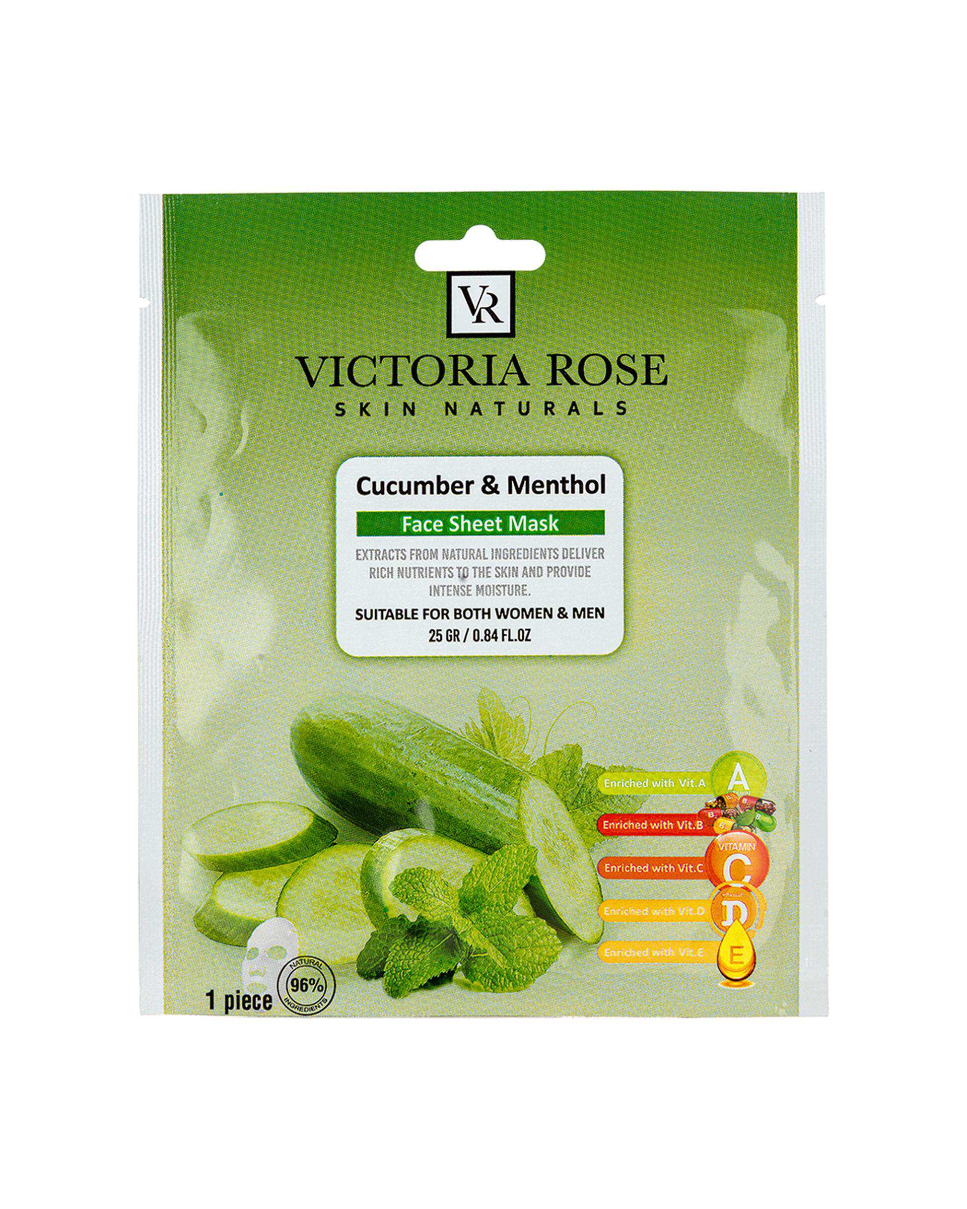 ماسک ورقه ای صورت ویکتوریا رز Victoria Rose حاوی عصاره خیار و منتول حجم 25 گرم
