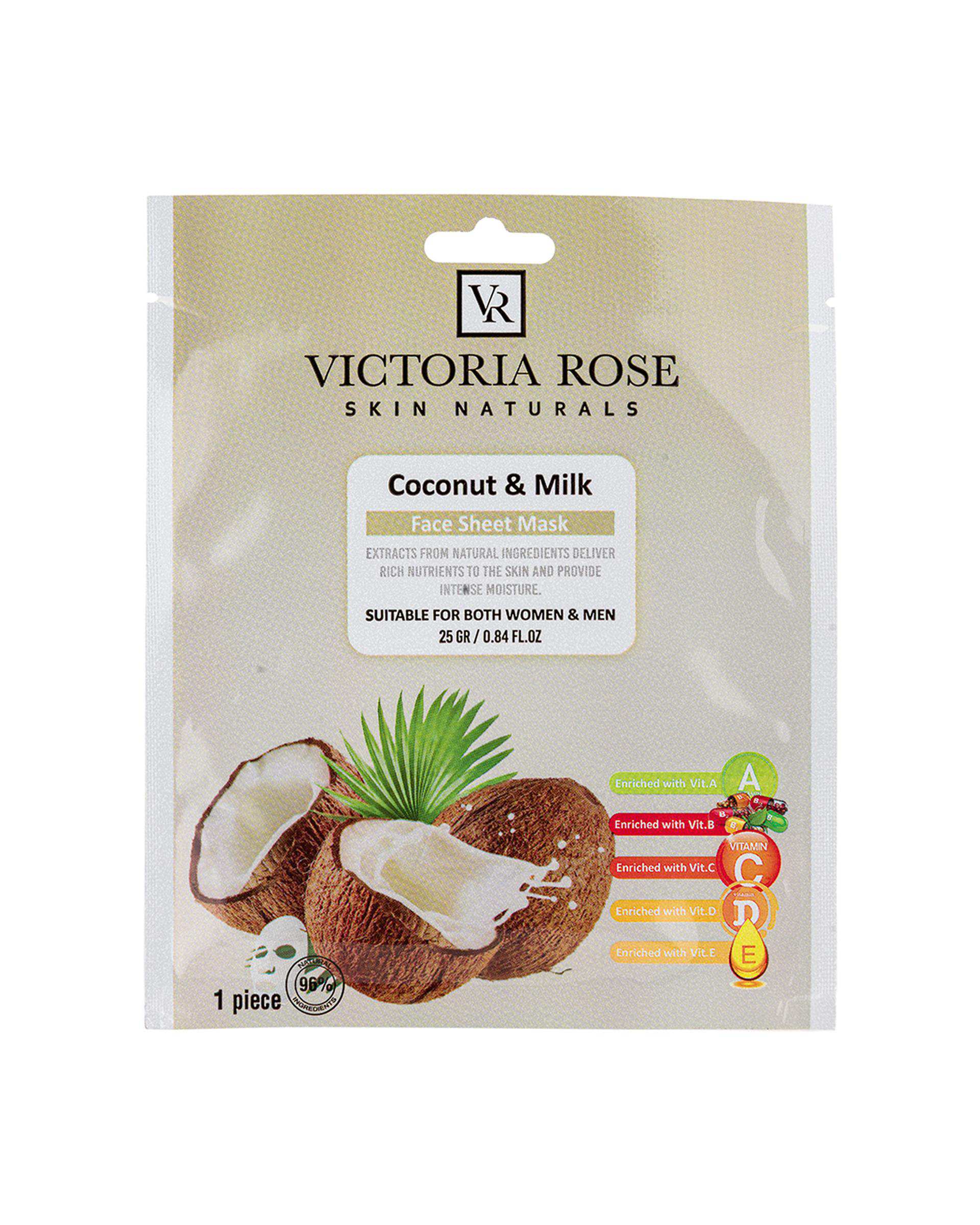 ماسک ورقه ای صورت ویکتوریا رز Victoria Rose حاوی عصاره شیر و نارگیل حجم 25 گرم