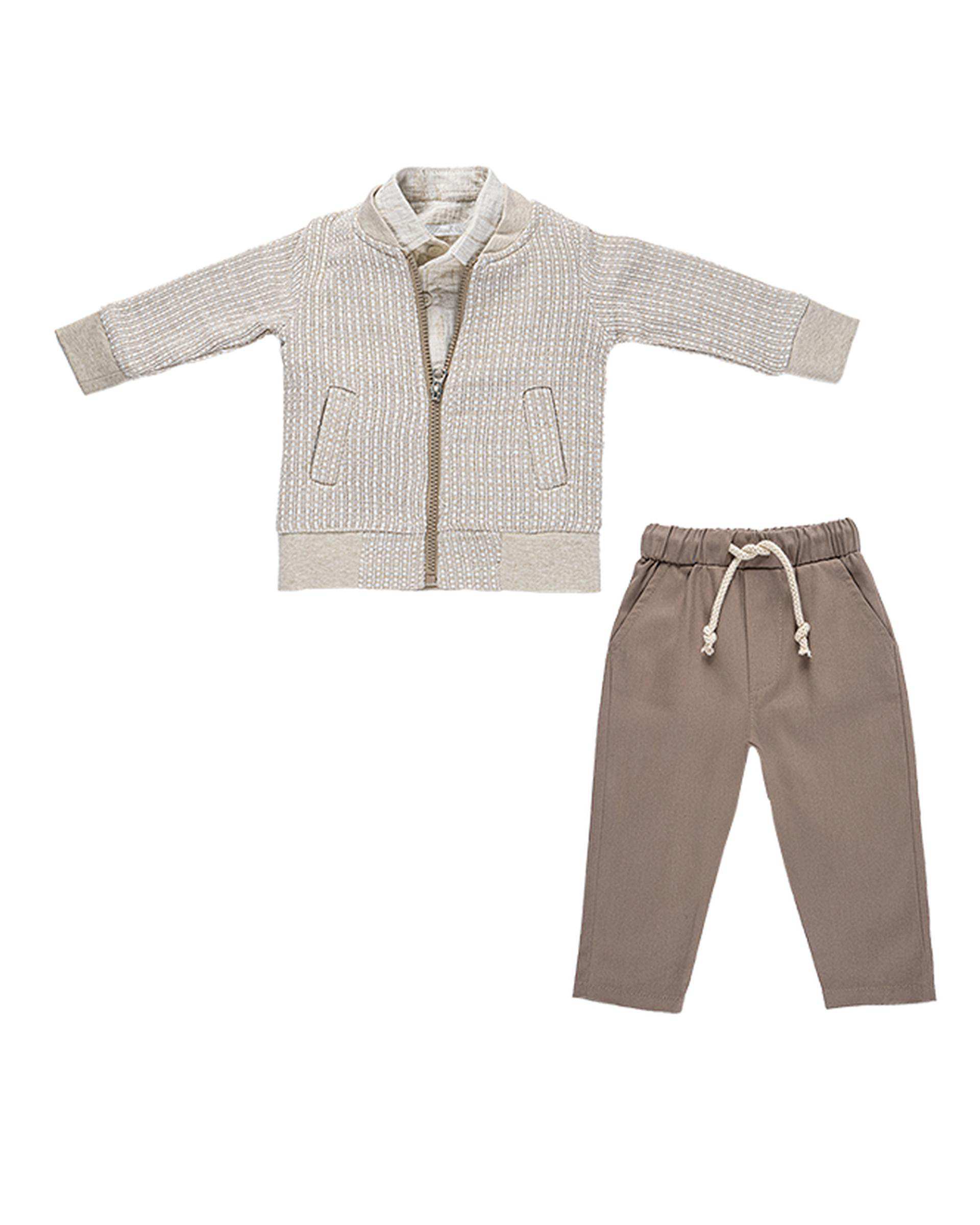 ست سه تکه نوزادی پسرانه کرم فیورلا Fiorella مدل یاشار 1 کد 25532