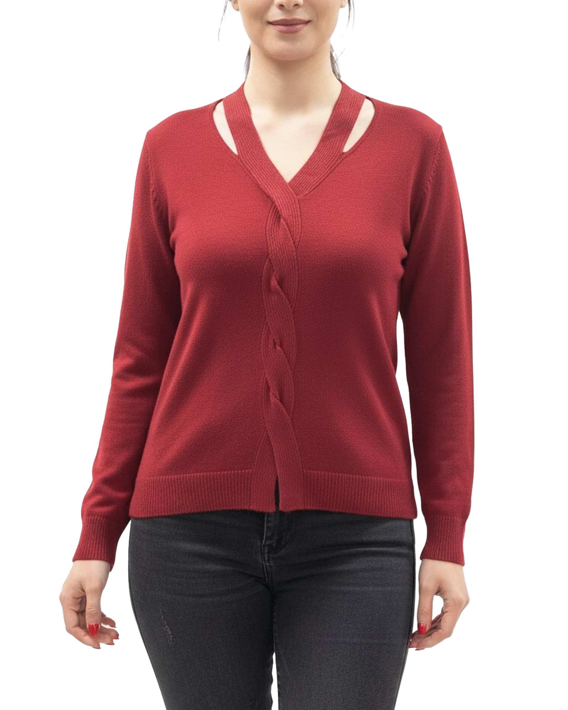 بافت قرمز یقه دوبل طرح طنابی