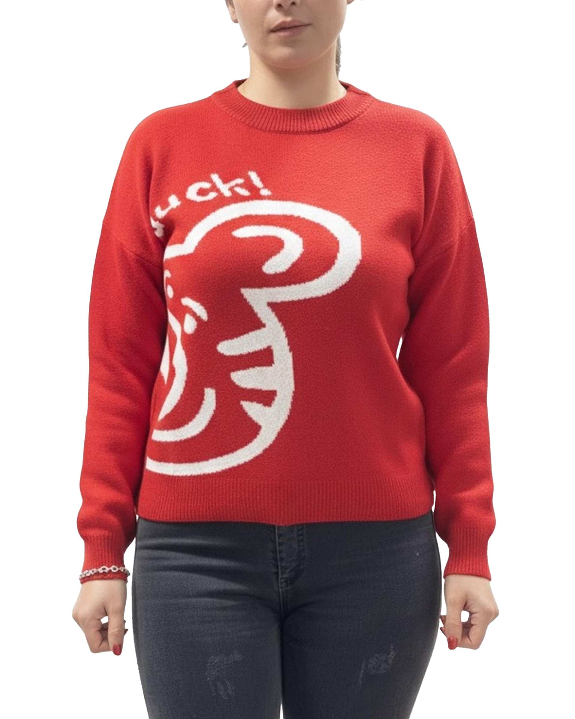 پلیور بافت زنانه قرمز طرح تدی