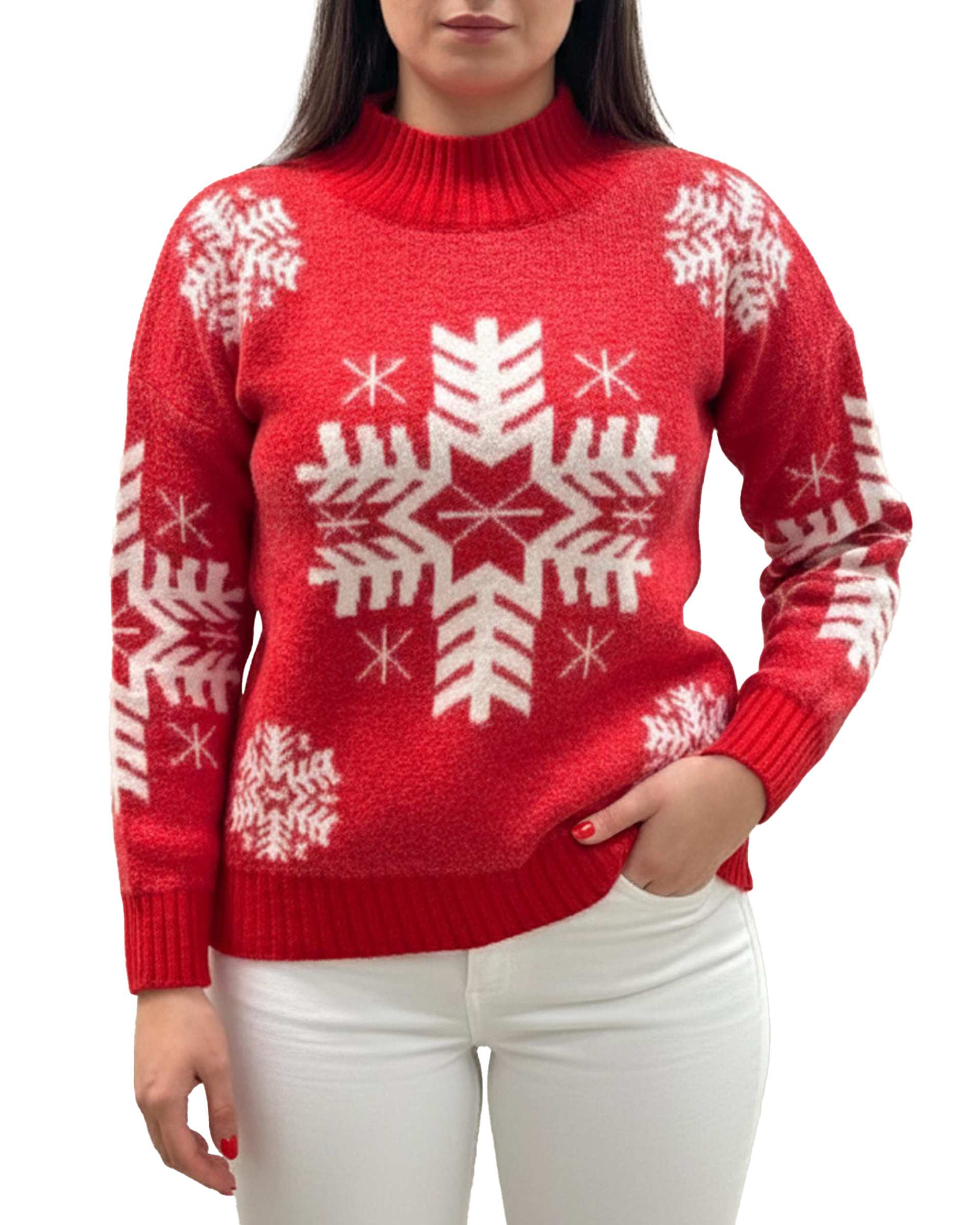 پلیور بافت زنانه قرمز طرح برف کریسمس