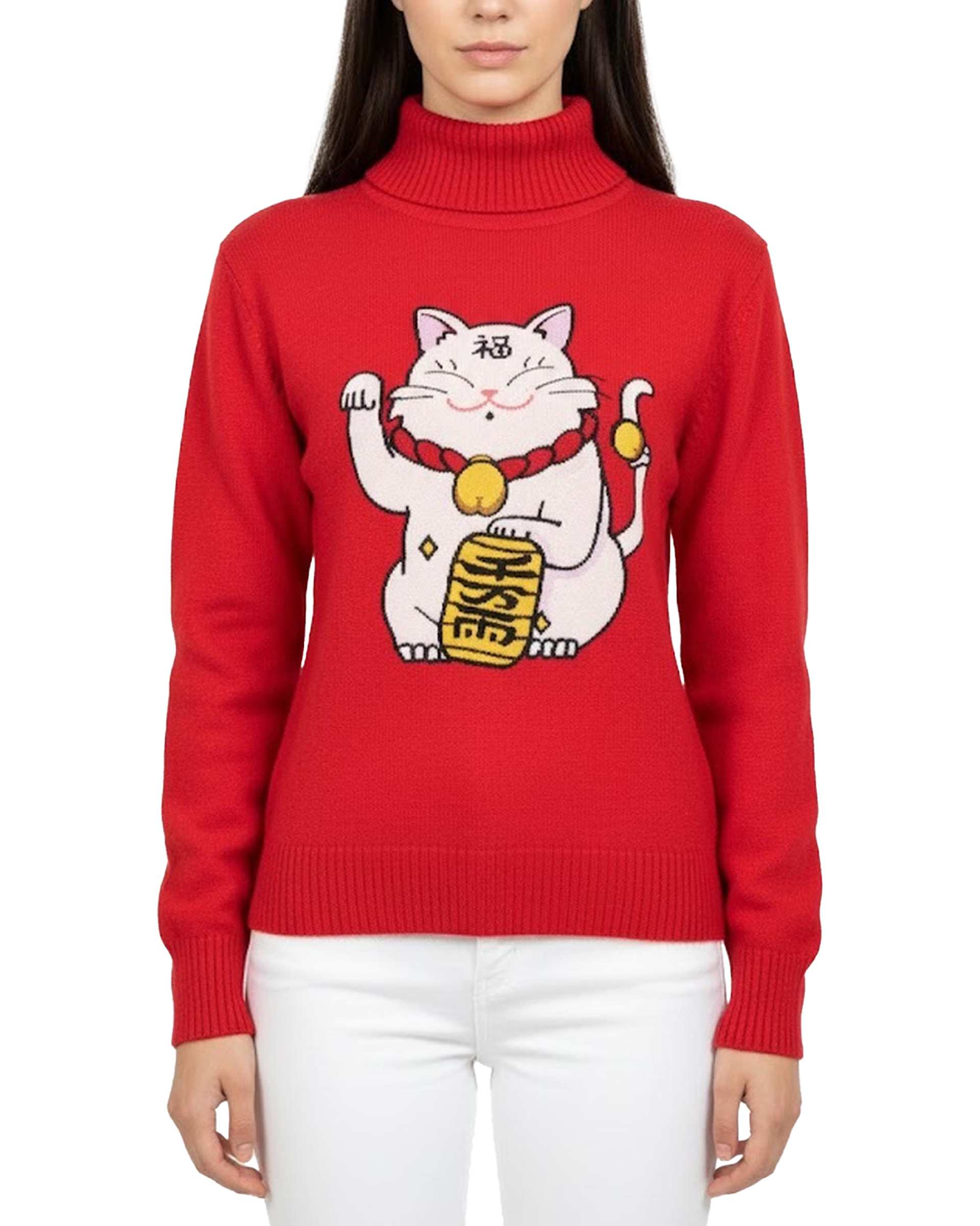 پلیور زنانه یقه اسکی قرمز طرح گربه چینی