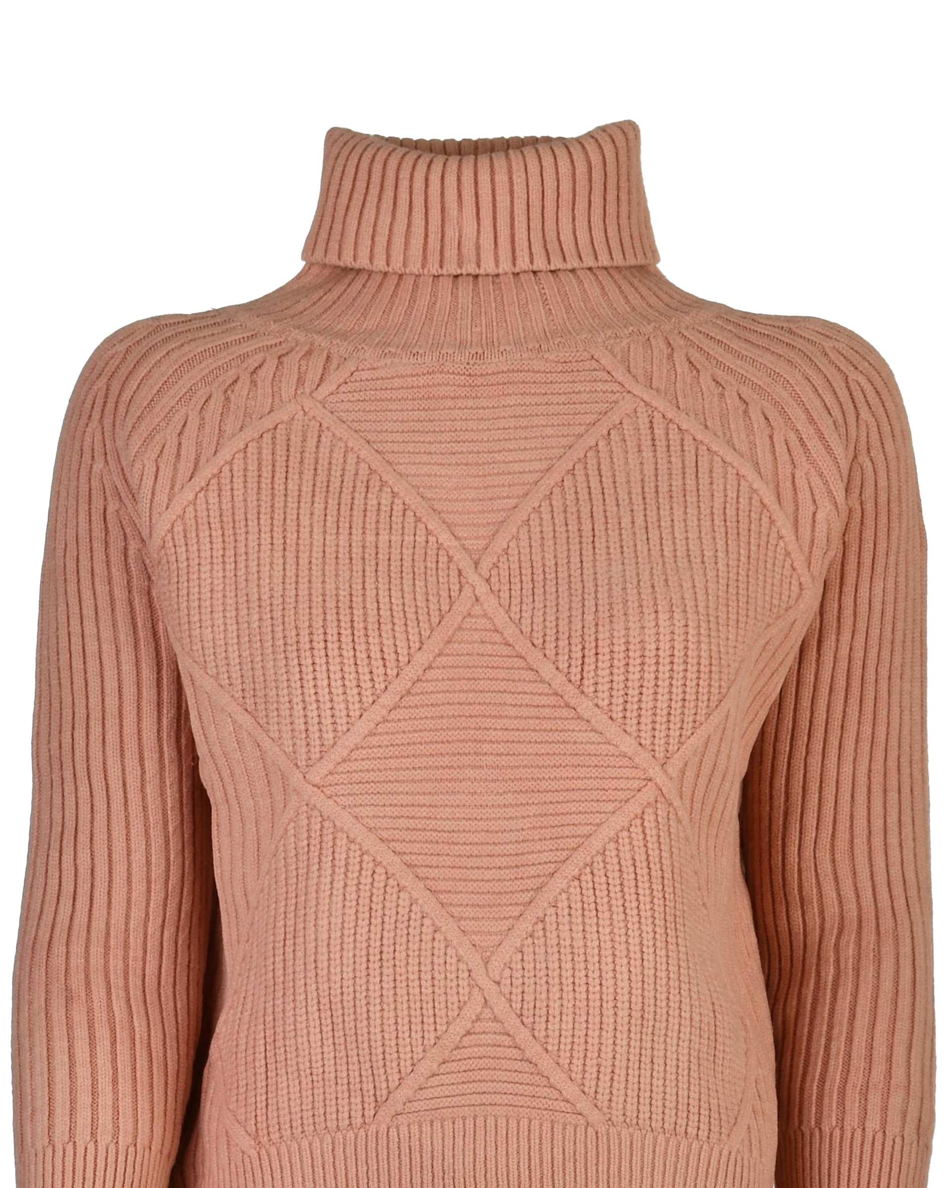 پلیور بافت زنانه یقه اسکی صورتی طرح لوزی