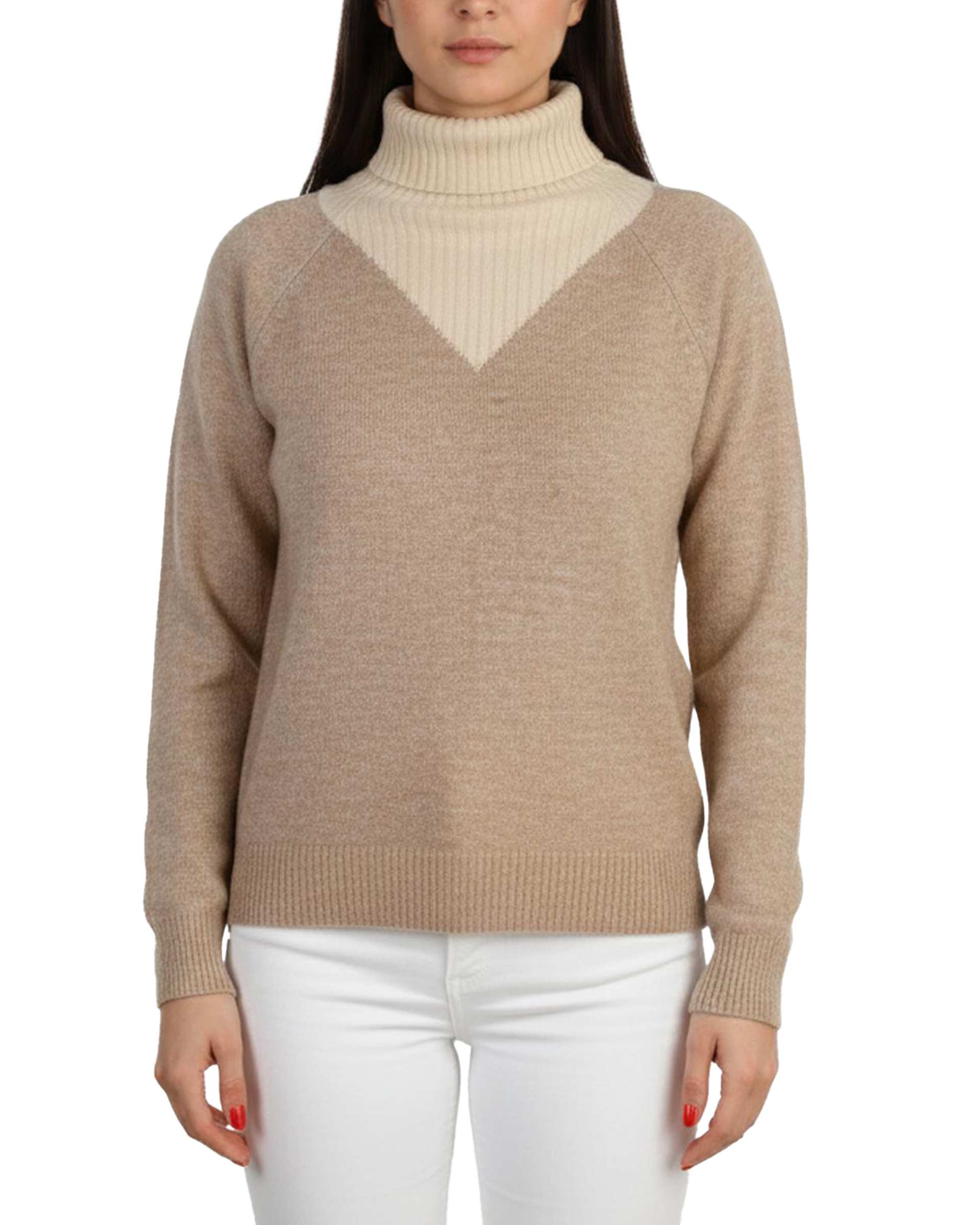 پلیور بافت زنانه یقه اسکی خاکی کرم