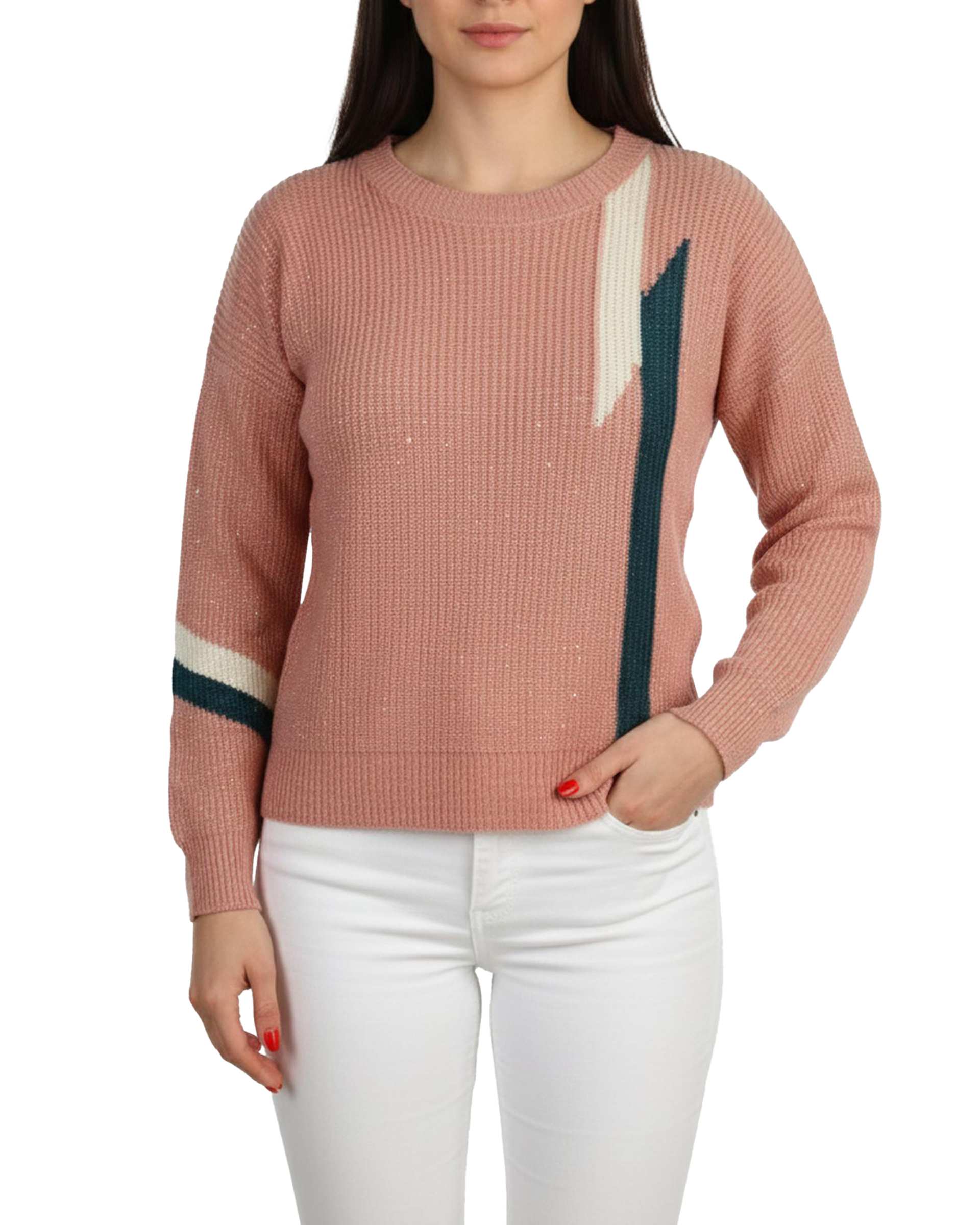 پلیور بافت زنانه صورتی مدل لمه طرح دار