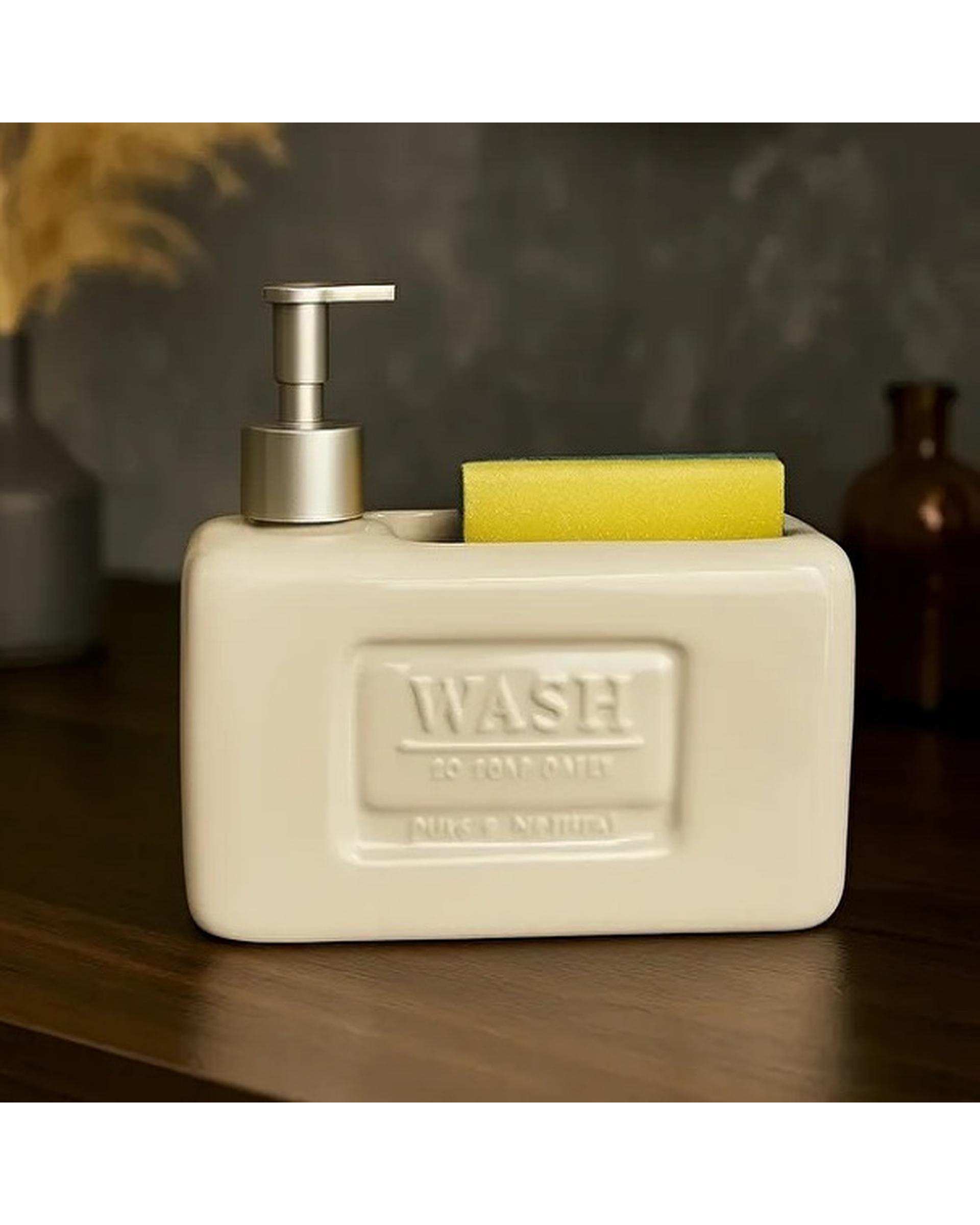 ست پمپ مایع ظرفشویی و جا اسکاچی سرامیکی کرم