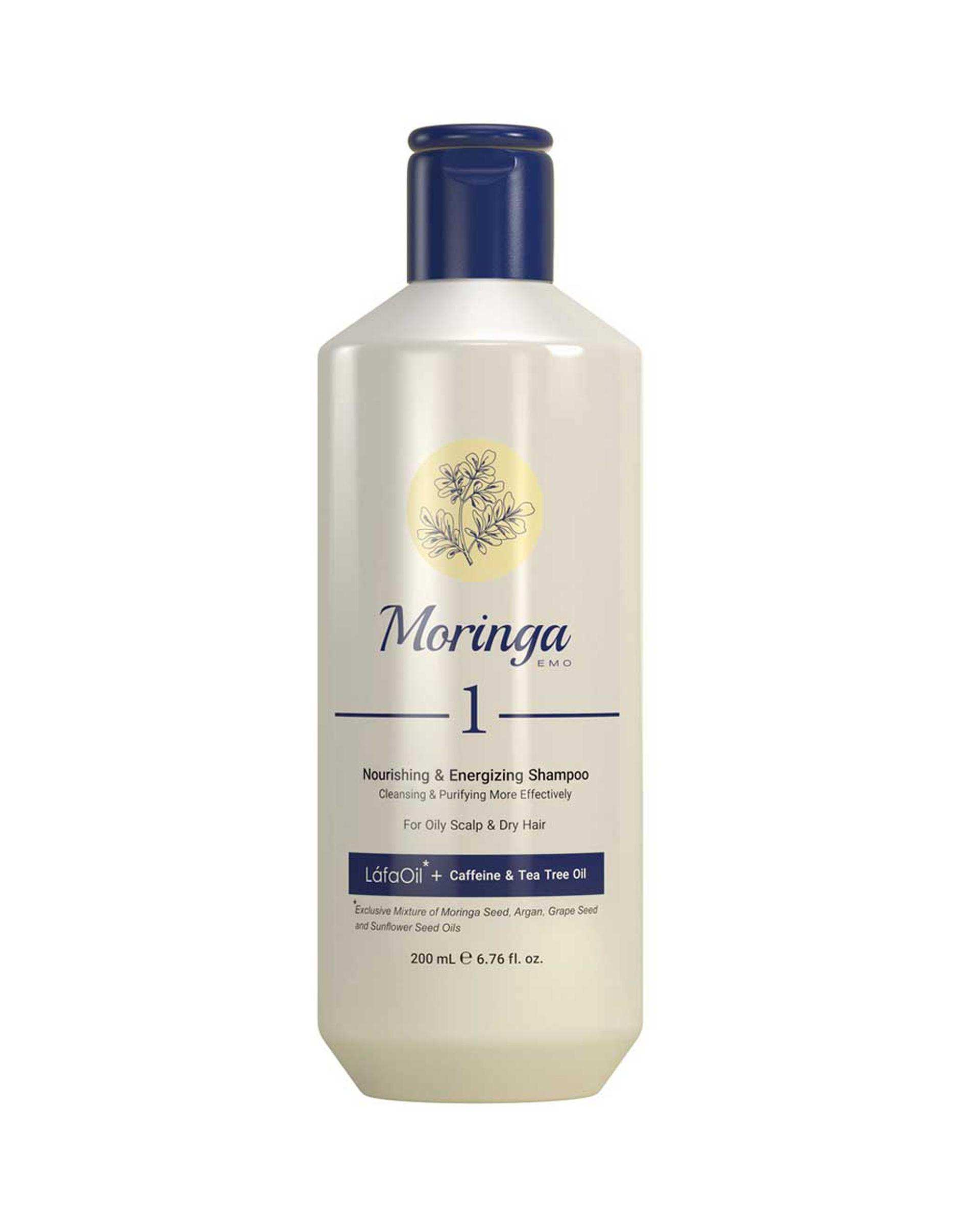 شامپو مغذی و انرژی بخش مورینگا امو Moringa Emo مناسب پوست سر چرب و موی خشک شماره 1 حجم 200ml