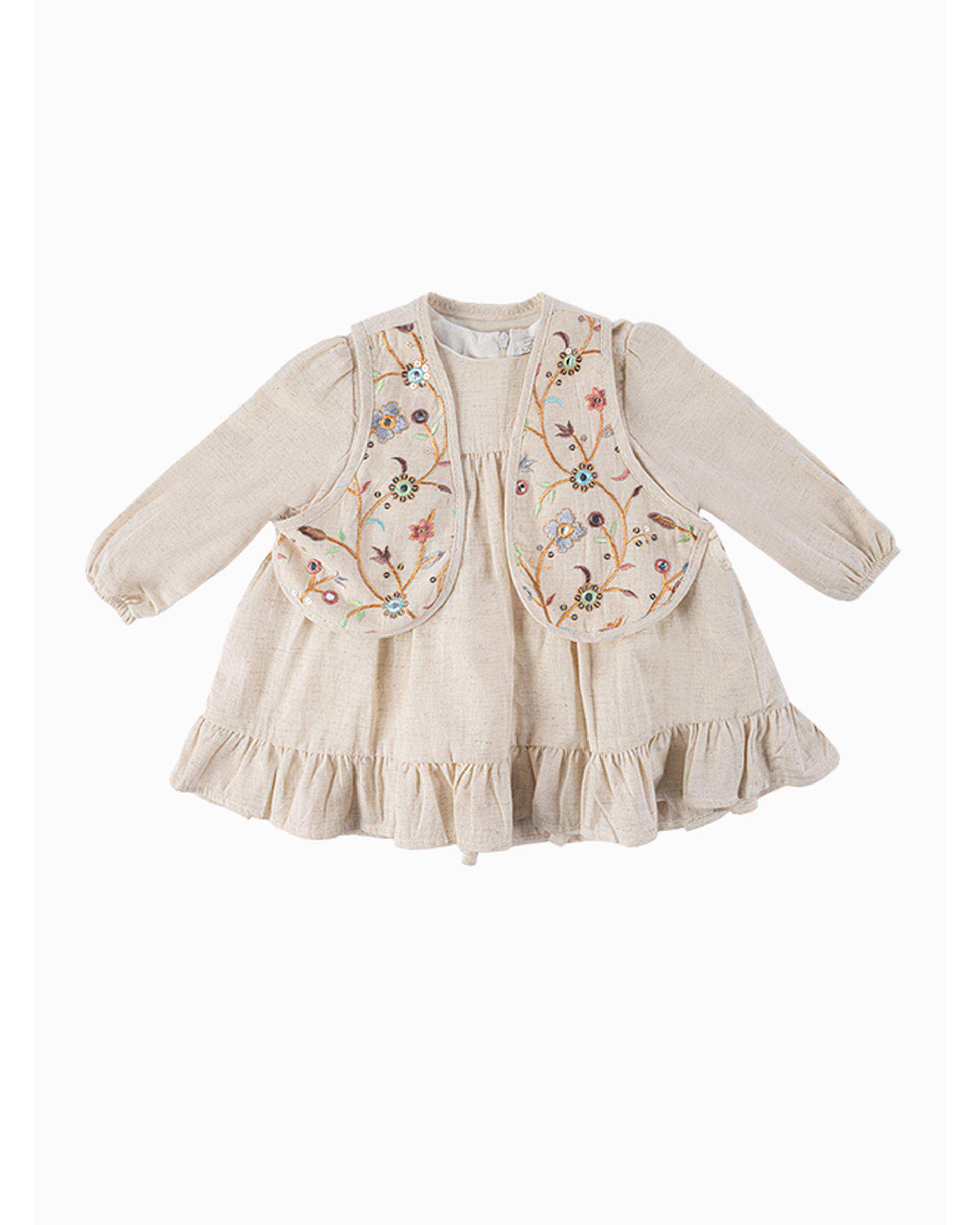 ست جلیقه و پیراهن دخترانه نوزادی استخوانی فیورلا Fiorella مدل یاس سلطان 1 کد 25519