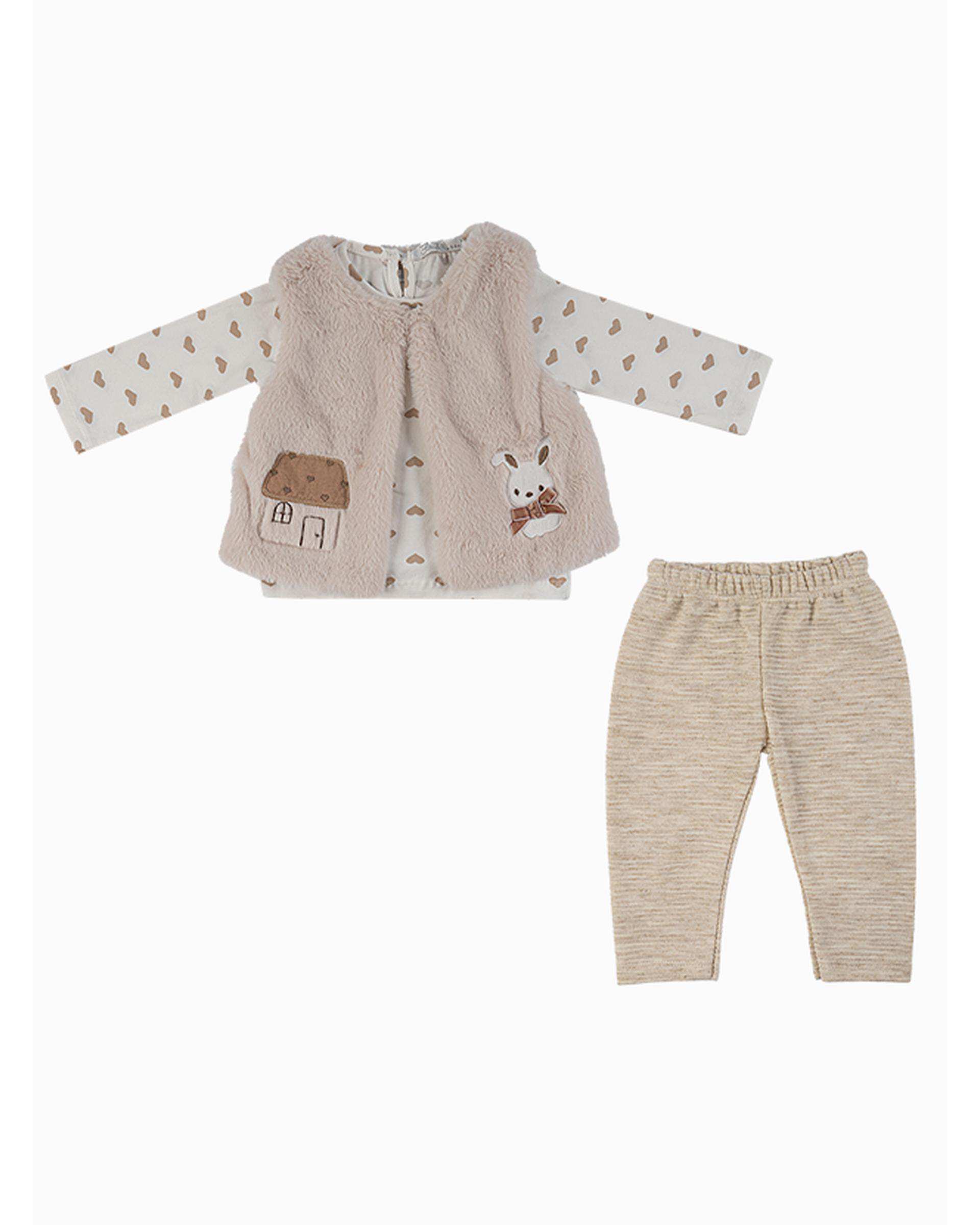 ست سه تکه لباس دخترانه نوزادی استخوانی فیورلا Fiorella مدل خرگوش و خانه کد 25523