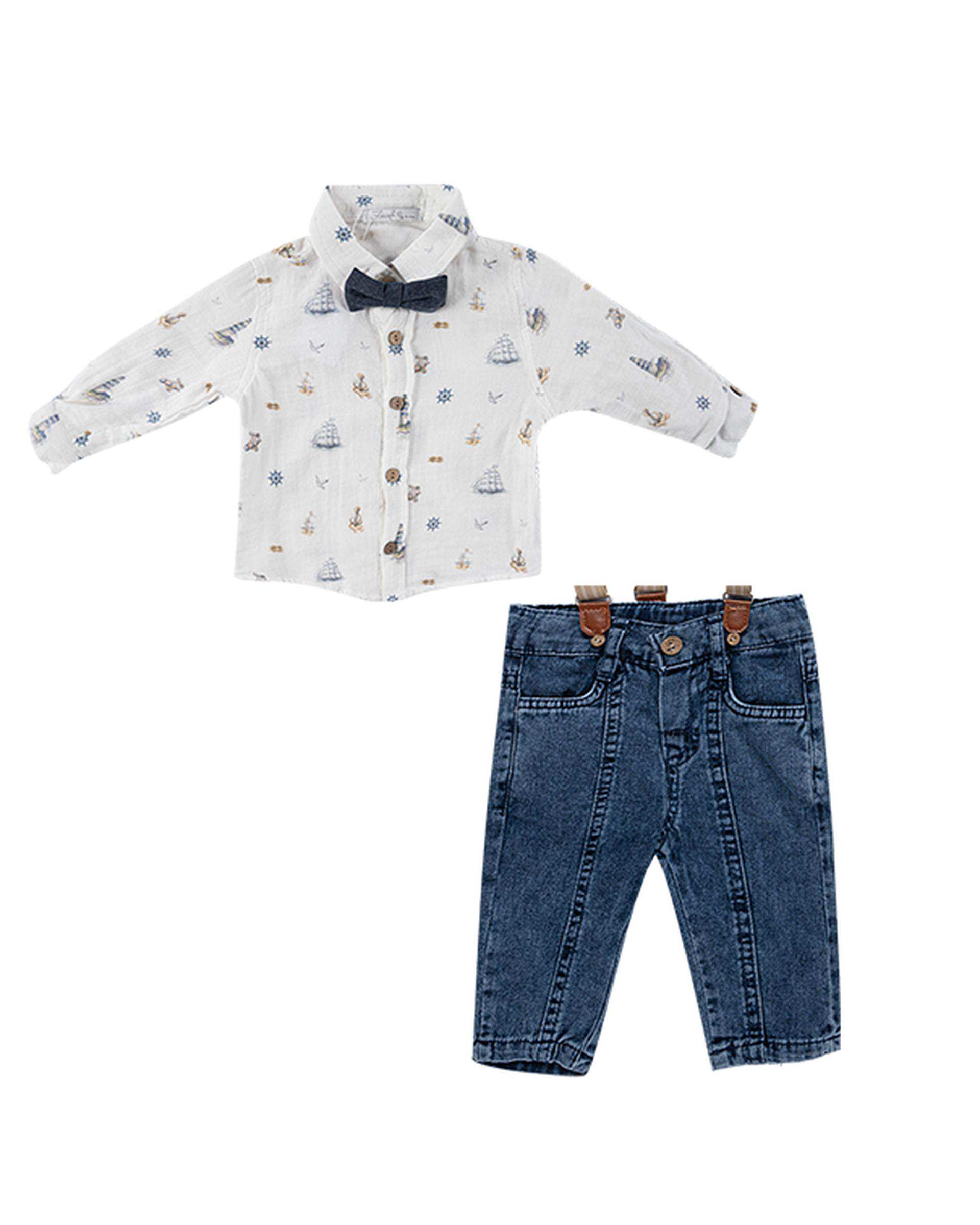 ست شومیز و شلوار پسرانه نوزادی آبی فیورلا Fiorella مدل کشتی کد 25545