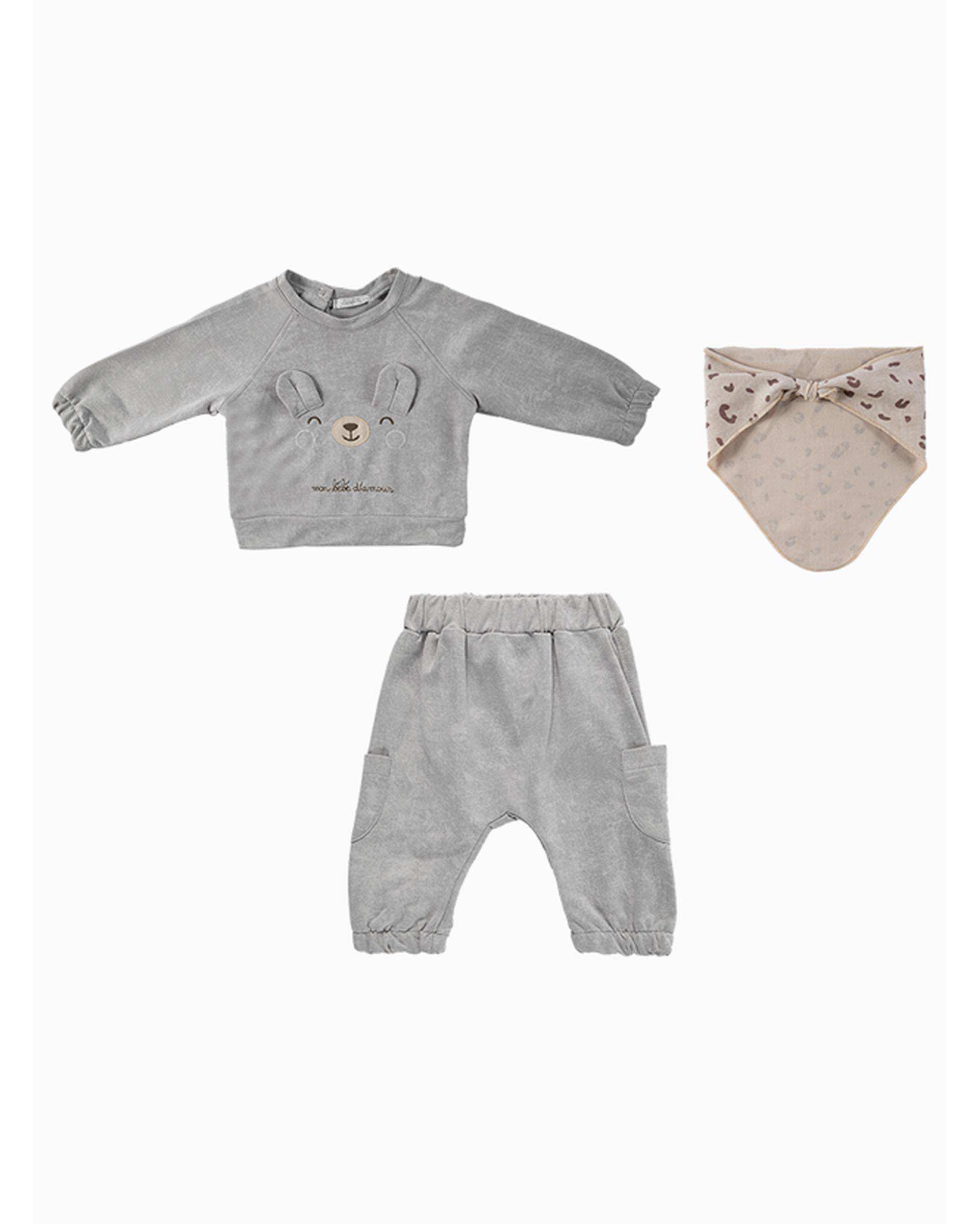 ست بلوز و شلوار پسرانه نوزادی طوسی فیورلا Fiorella مدل خرگوش کد 25547