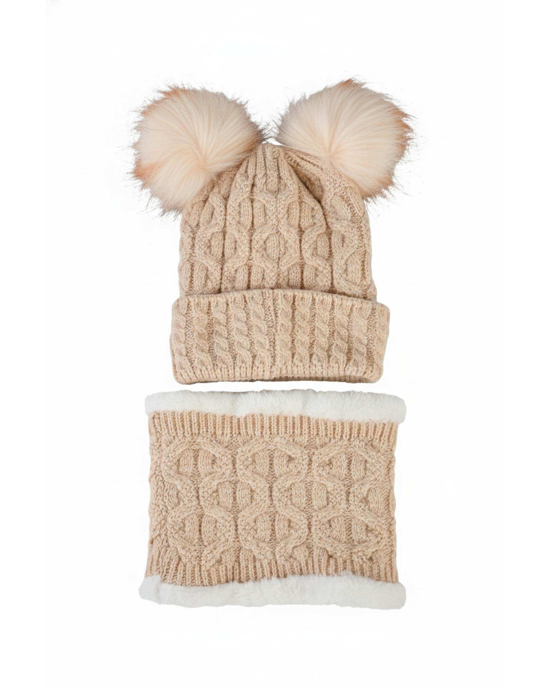 ست کلاه و شال گردن بافتنی بچگانه مدل داخل خز دو پوم