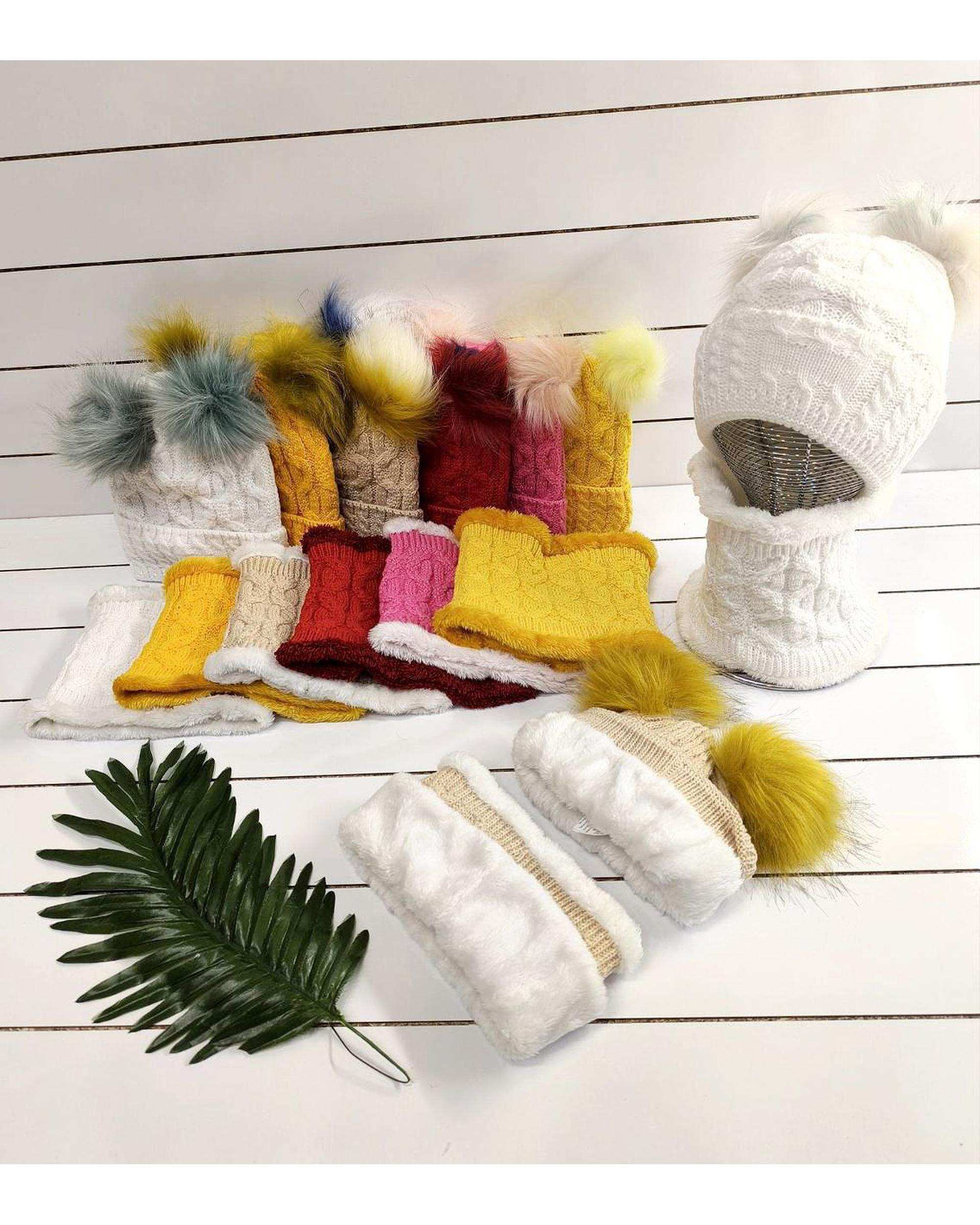 ست کلاه و شال گردن بافتنی بچگانه مدل داخل خز دو پوم