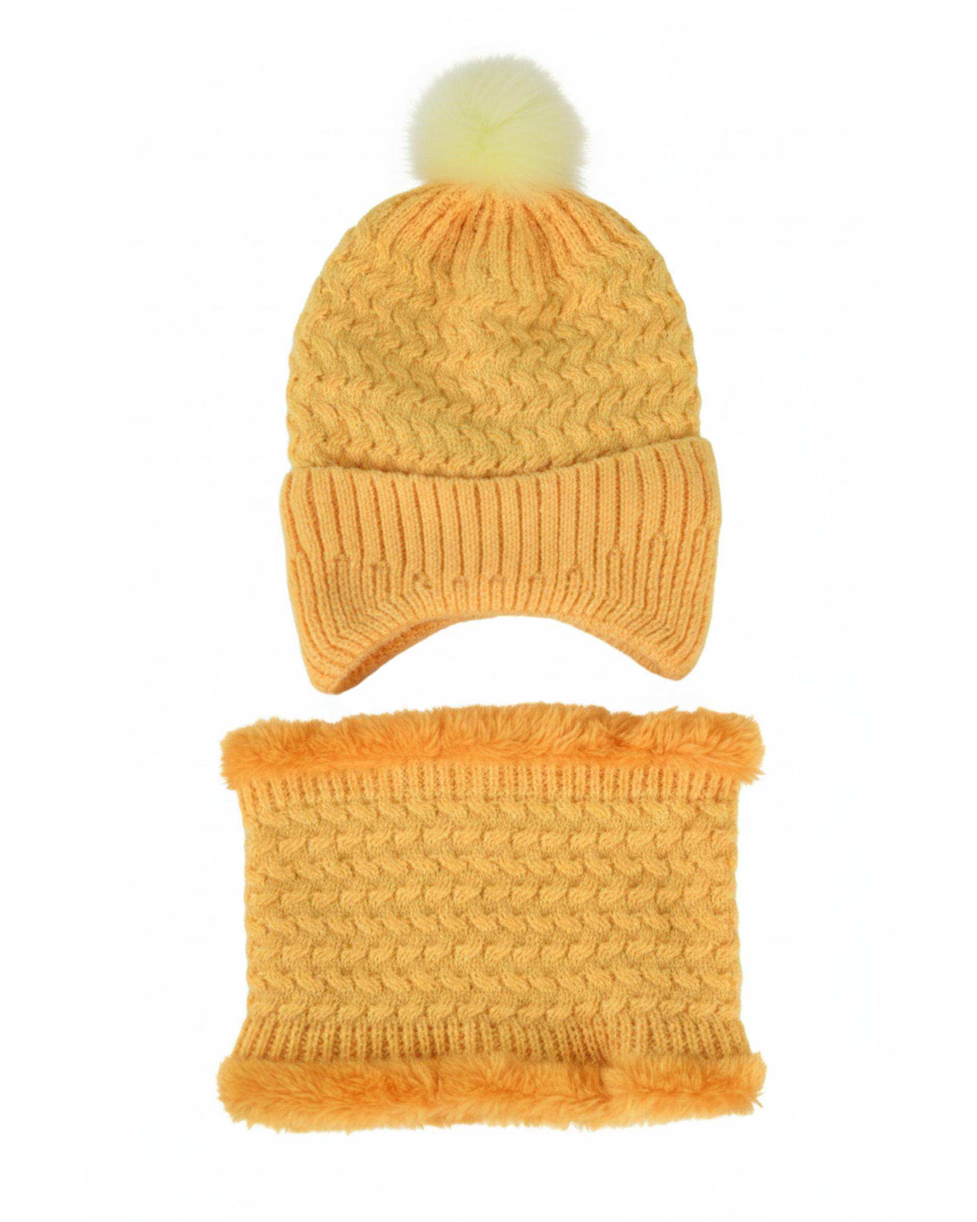 ست کلاه و شال گردن بافتنی بچگانه مدل داخل خز تک پوم