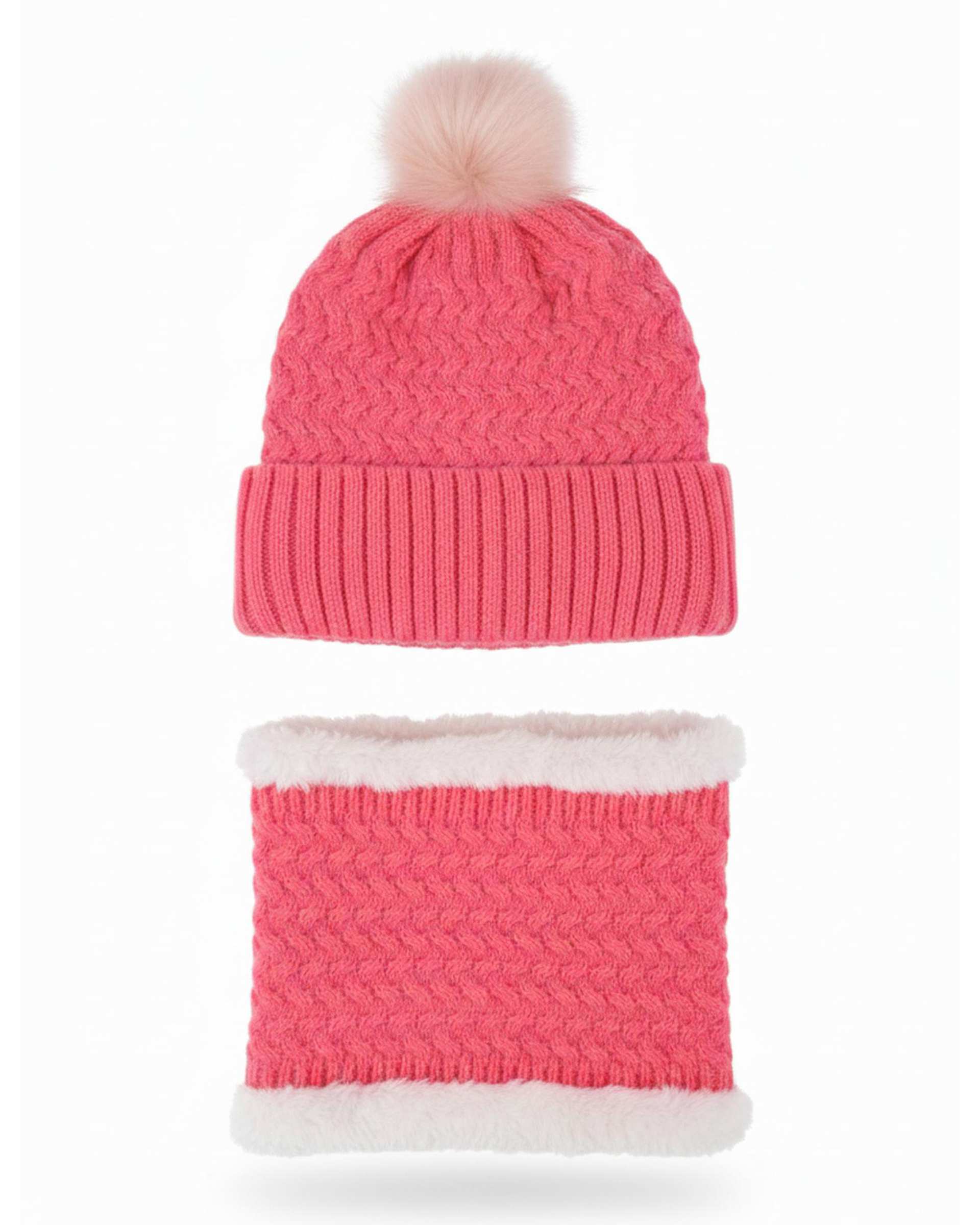 ست کلاه و شال گردن بافتنی بچگانه مدل داخل خز تک پوم