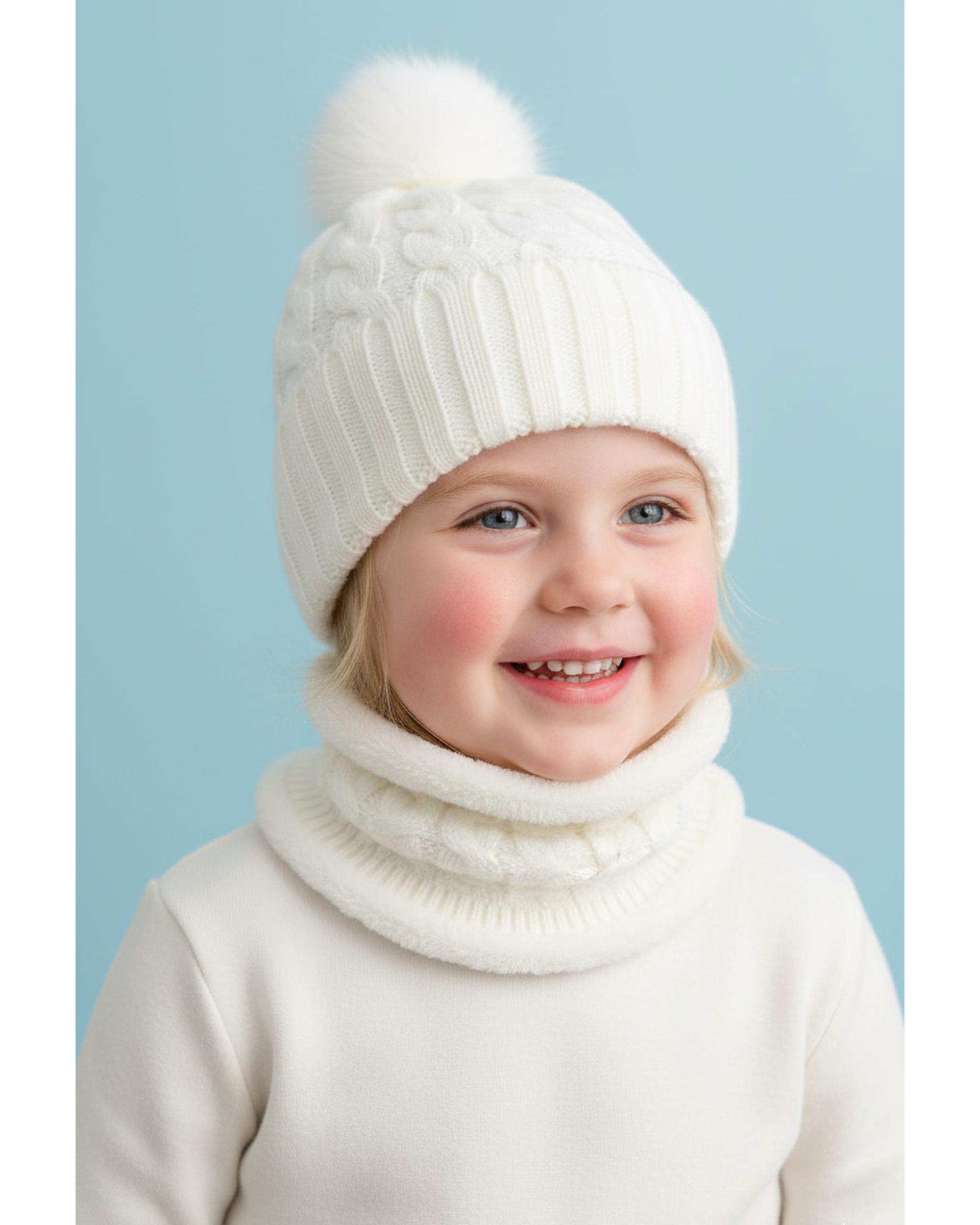 ست کلاه و شال گردن بافتنی بچگانه مدل داخل خز تک پوم