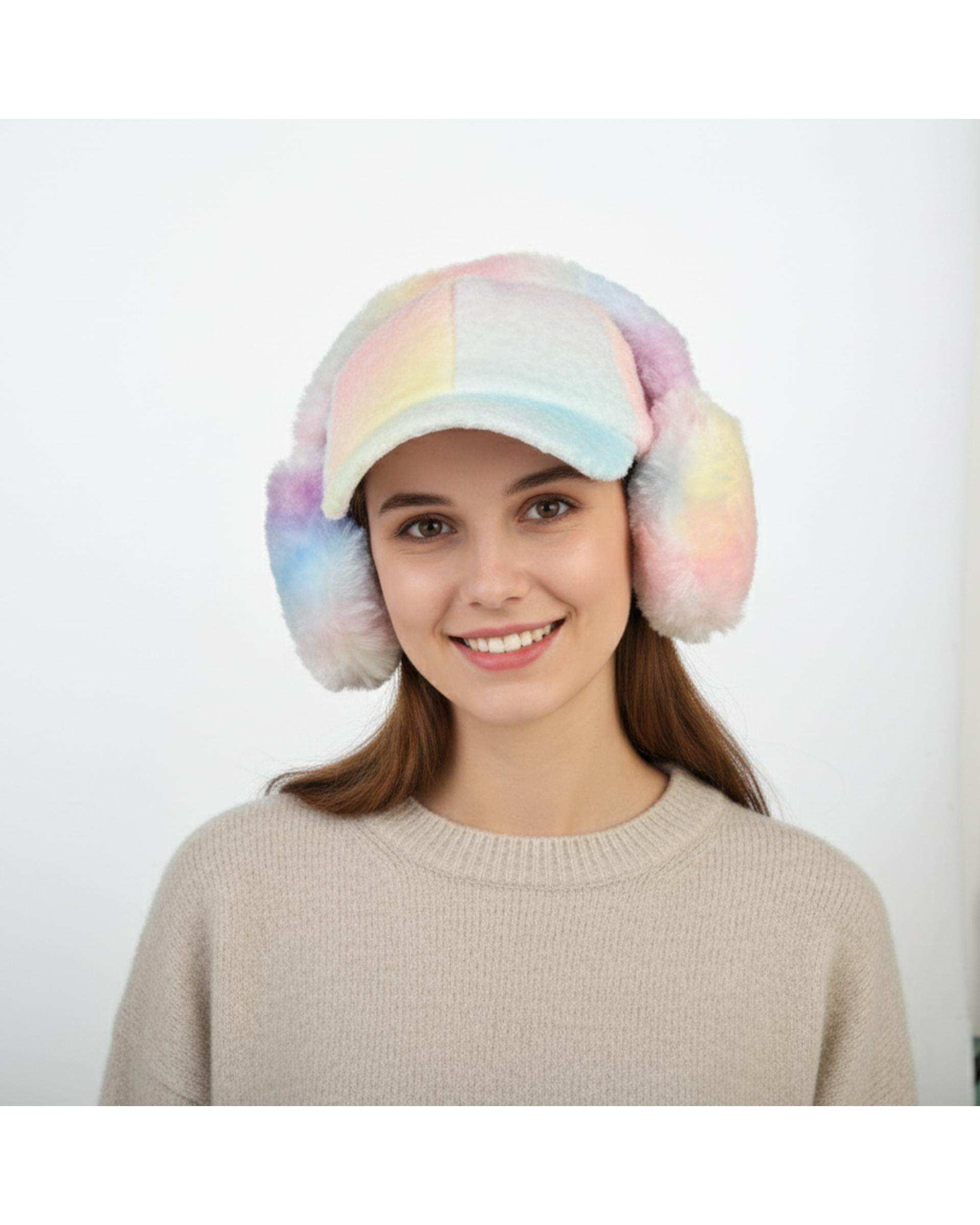 ست کلاه و گوشگیر زنانه مدل رنگین کمانی