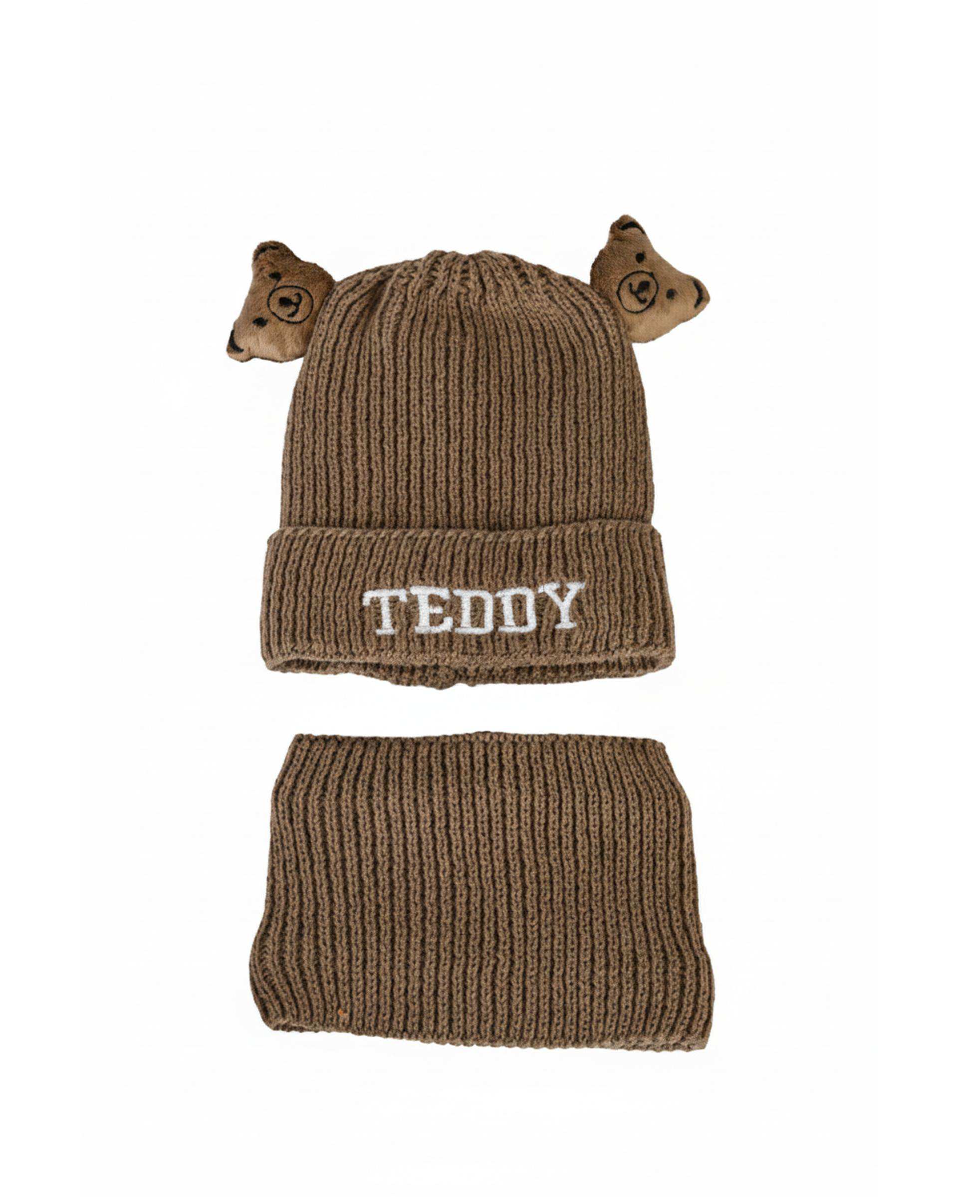 ست کلاه و شال گردن بافتنی بچگانه مدل داخل خز طرح تدی عروسکی