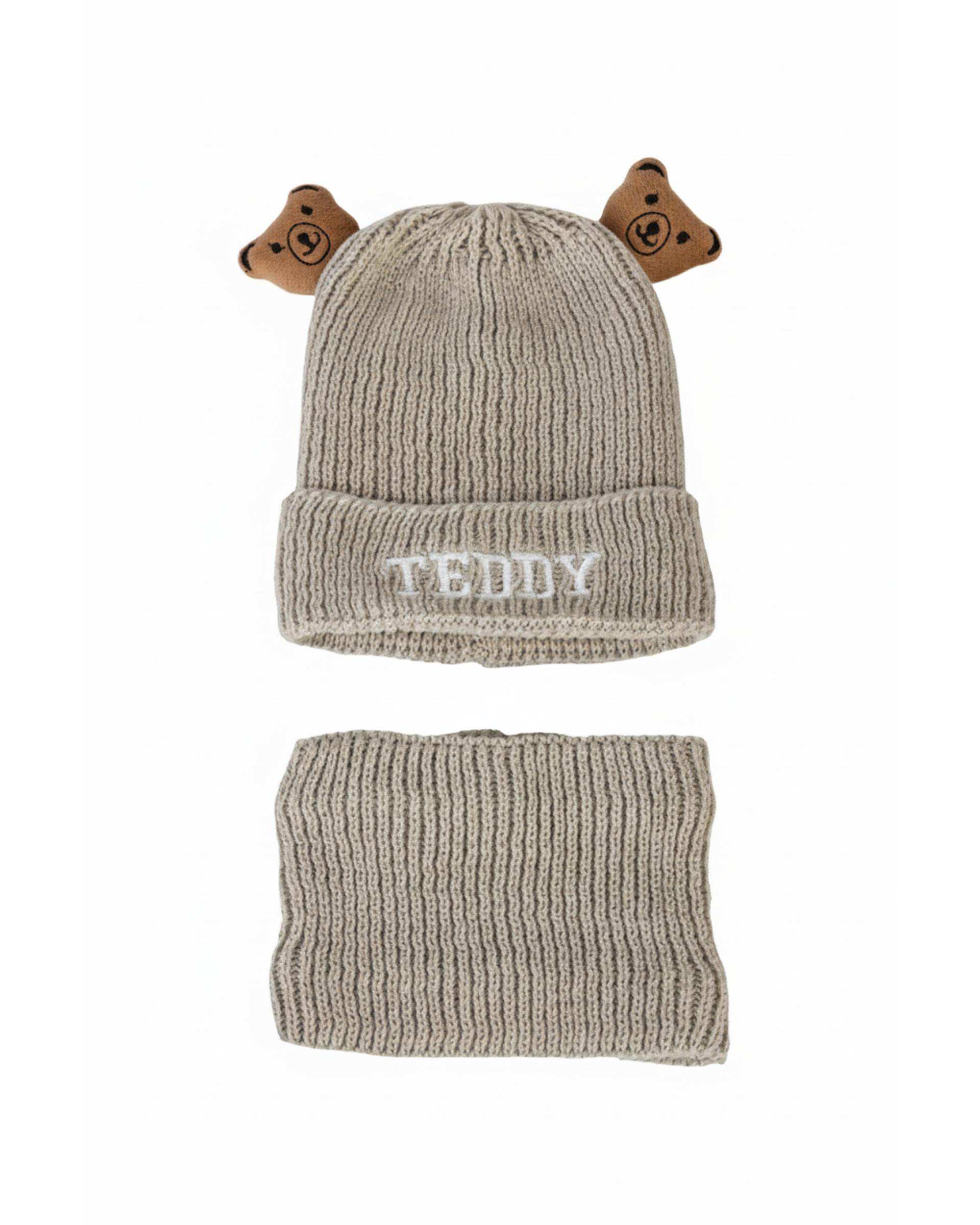 ست کلاه و شال گردن بافتنی بچگانه مدل داخل خز طرح تدی عروسکی