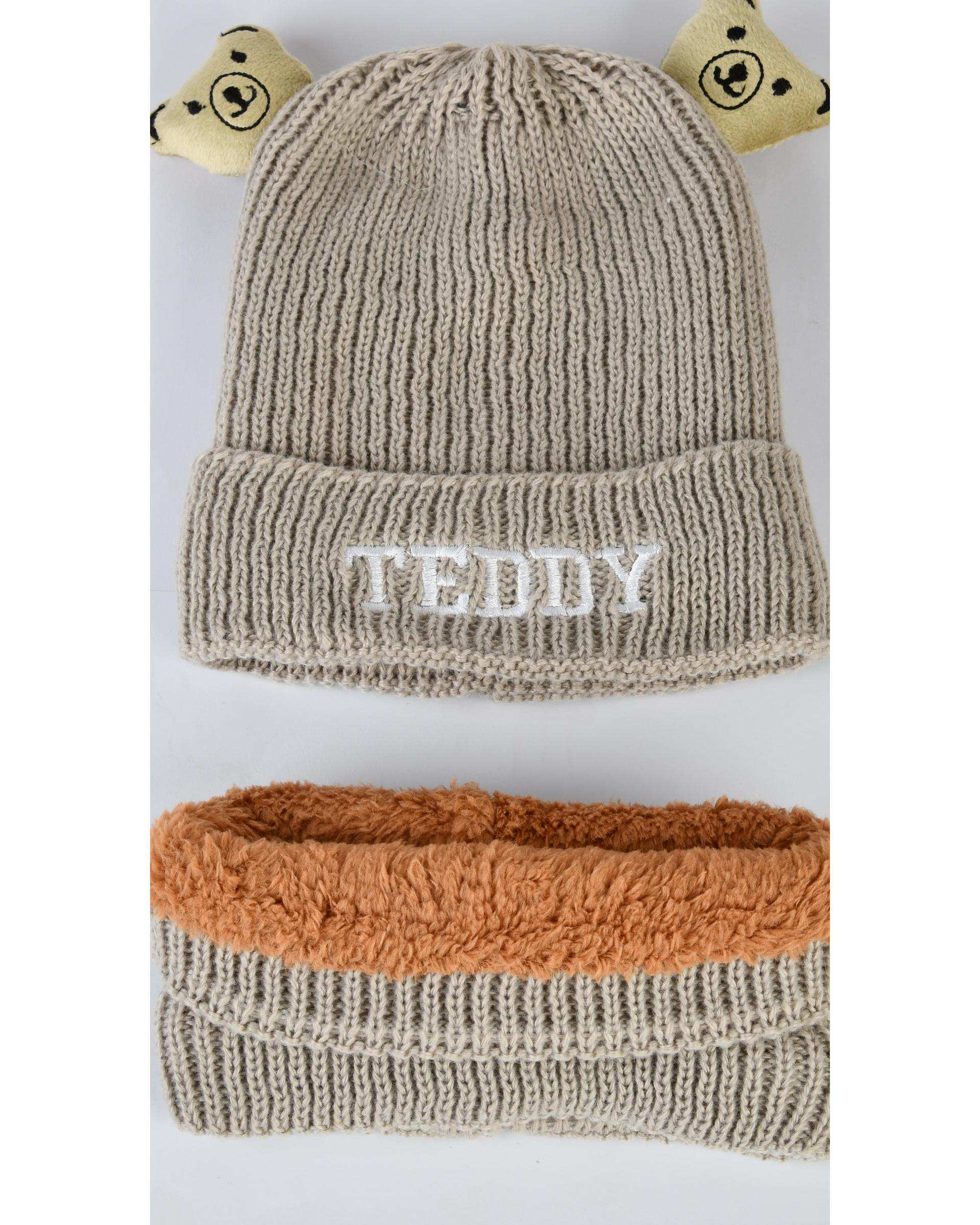 ست کلاه و شال گردن بافتنی بچگانه مدل داخل خز طرح تدی عروسکی