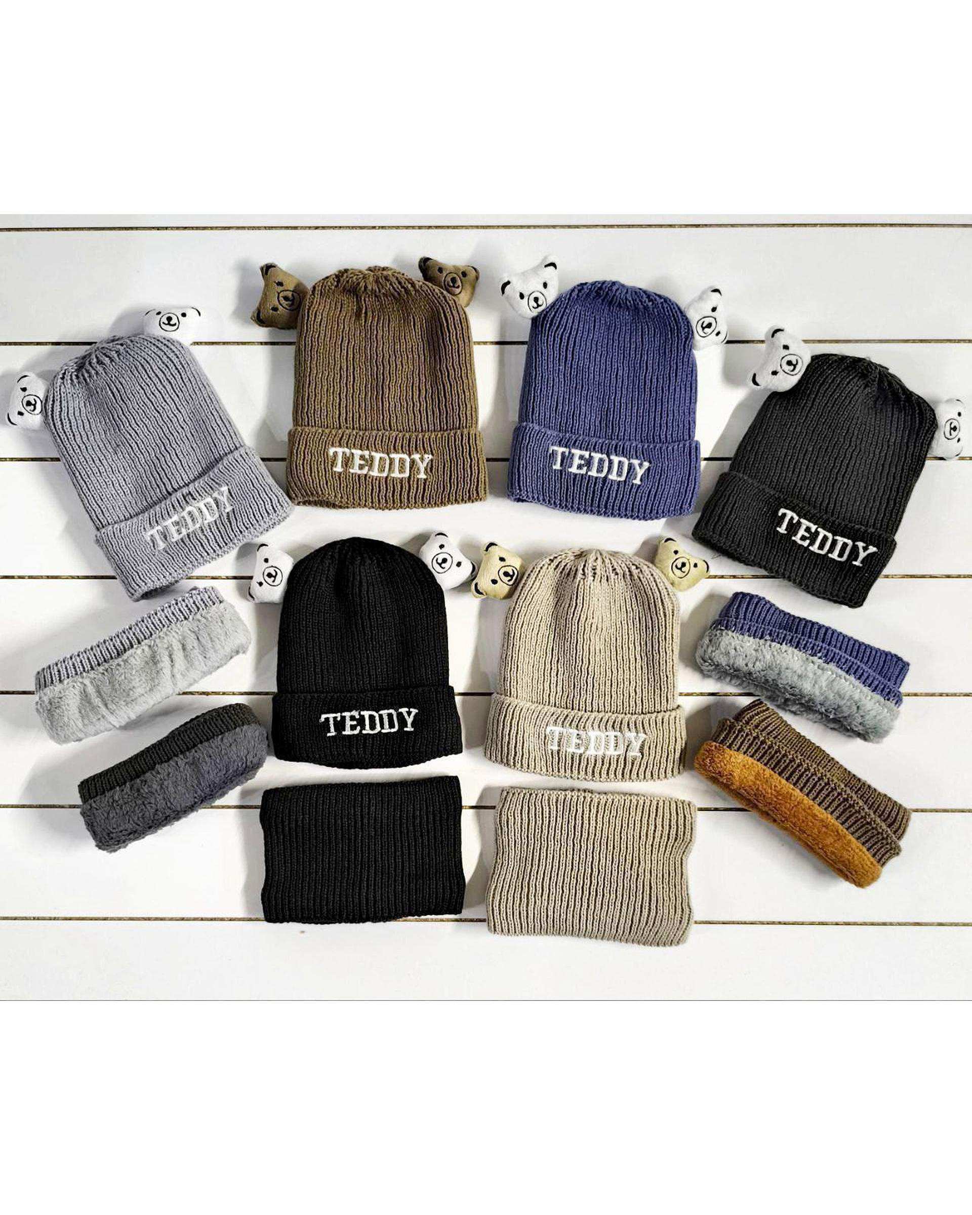 ست کلاه و شال گردن بافتنی بچگانه مدل داخل خز طرح تدی عروسکی