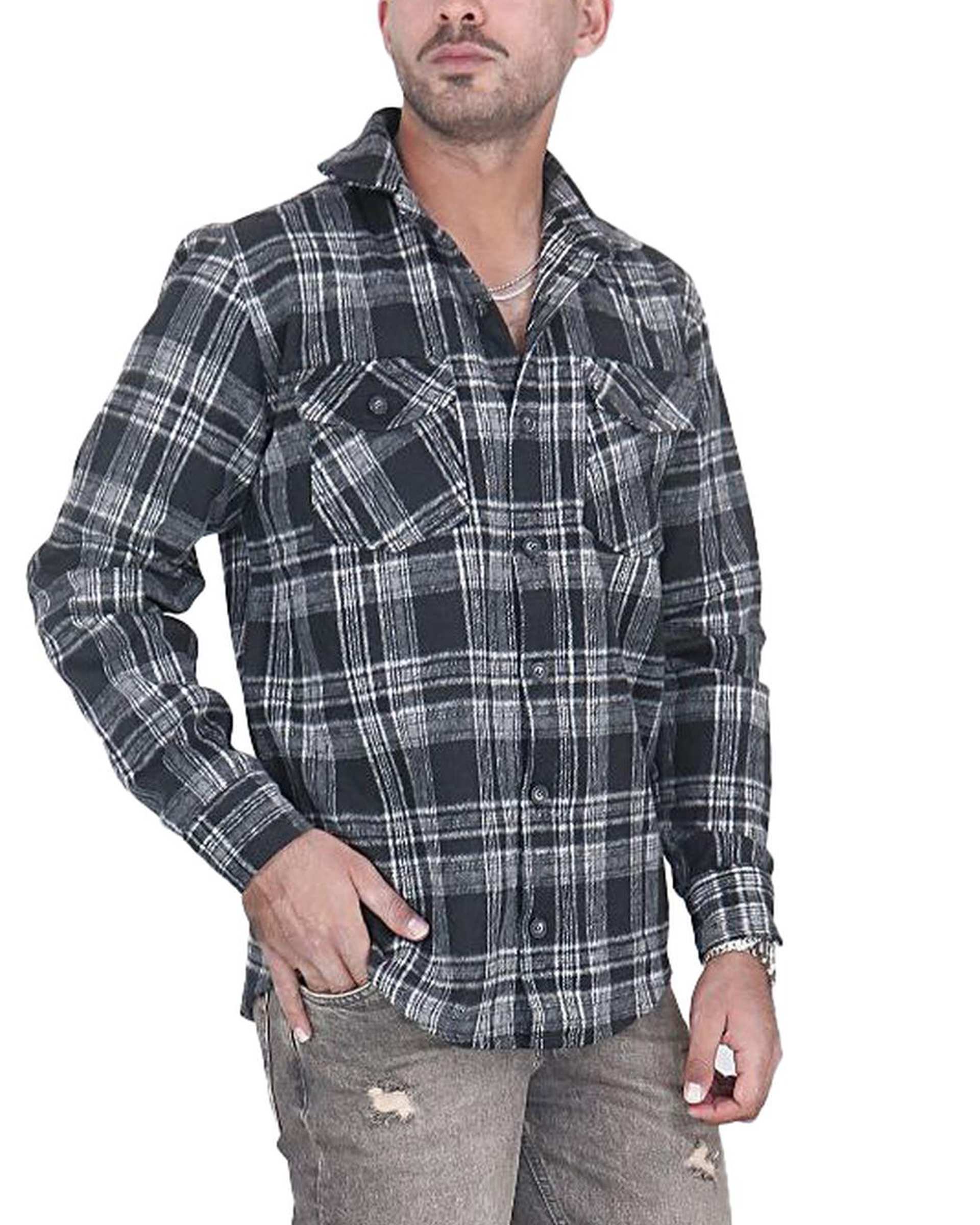 پیراهن مردانه اورسایز پشمی چهارخانه مشکی دودی یوسف Yoosef کد 301013