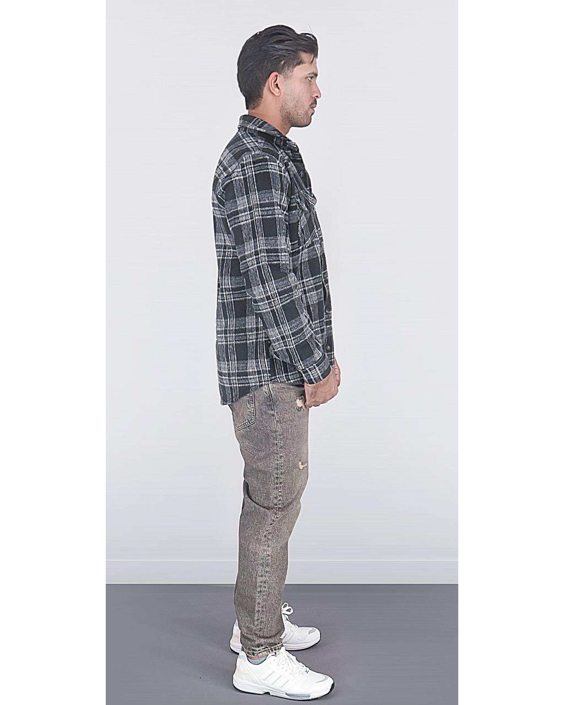 پیراهن مردانه اورسایز پشمی چهارخانه مشکی دودی یوسف Yoosef کد 301013
