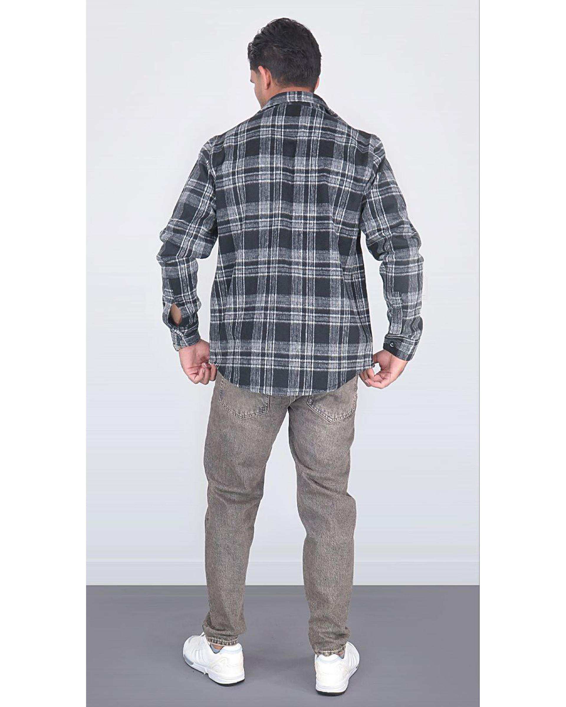 پیراهن مردانه اورسایز پشمی چهارخانه مشکی دودی یوسف Yoosef کد 301013