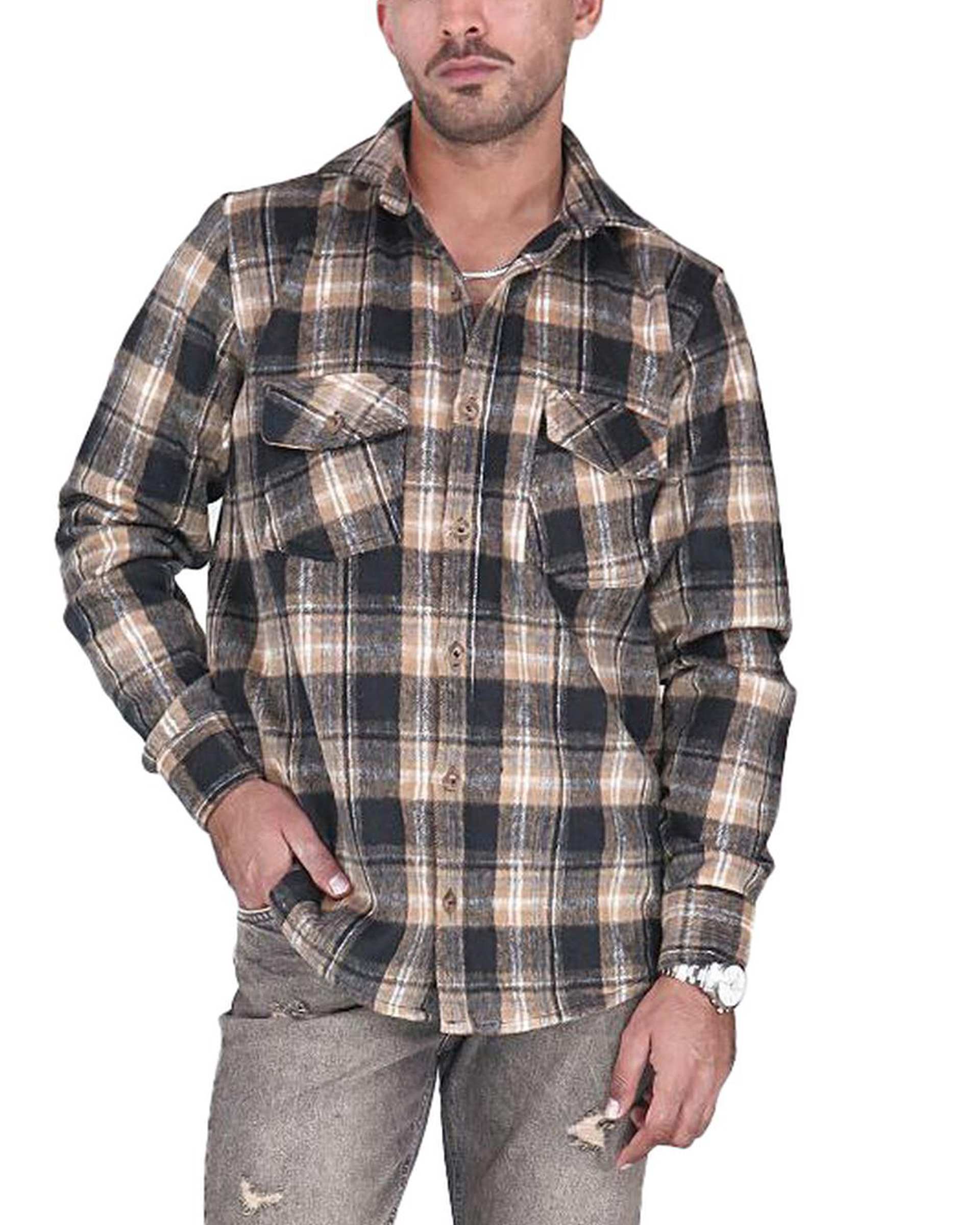 پیراهن مردانه اورسایز پشمی چهارخانه آجری مشکی یوسف Yoosef کد 301013