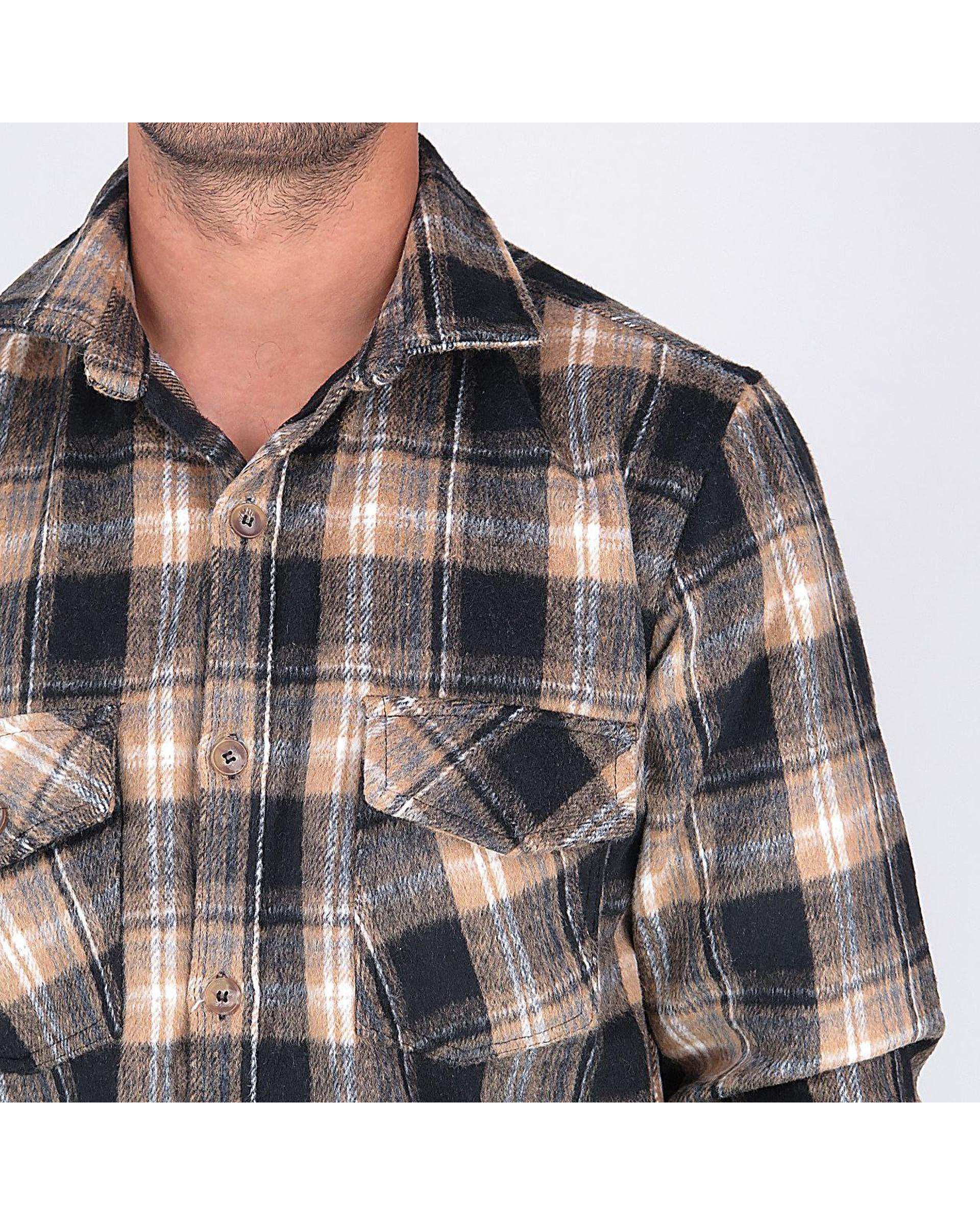 پیراهن مردانه اورسایز پشمی چهارخانه آجری مشکی یوسف Yoosef کد 301013