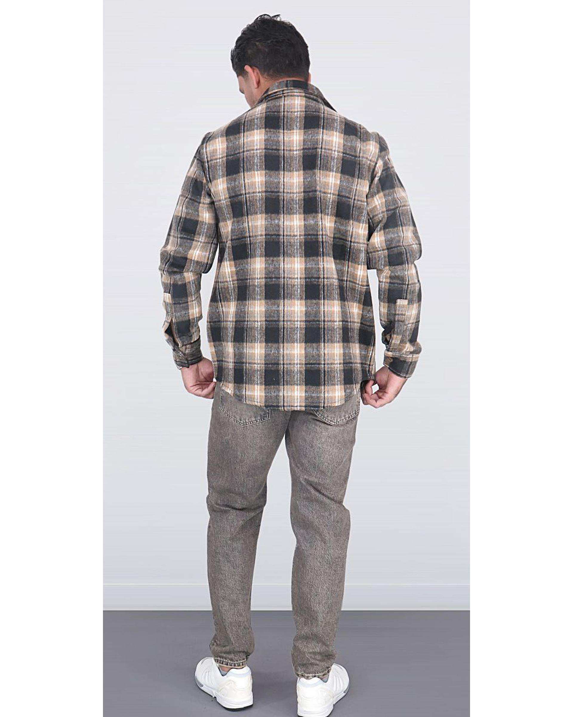 پیراهن مردانه اورسایز پشمی چهارخانه آجری مشکی یوسف Yoosef کد 301013