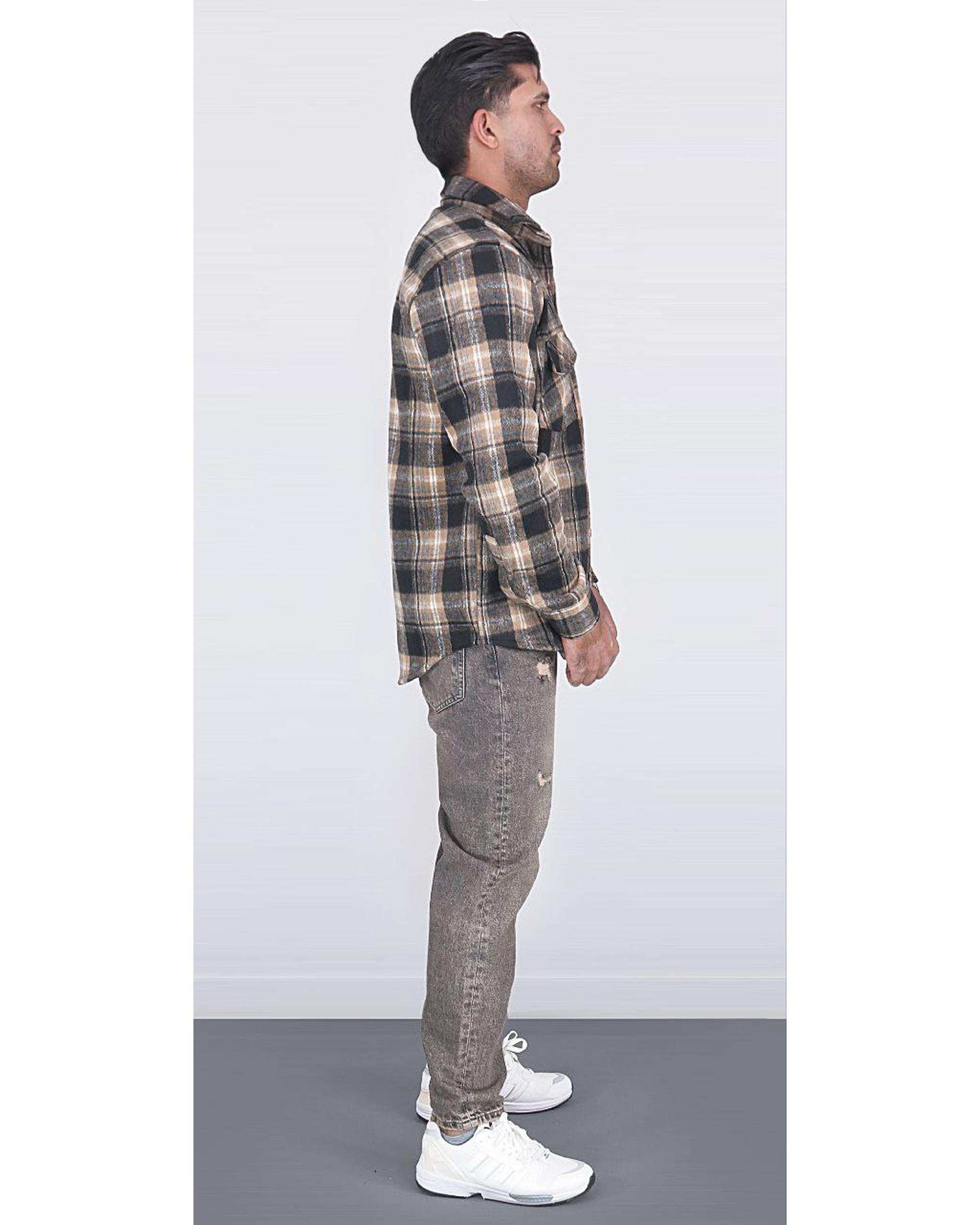 پیراهن مردانه اورسایز پشمی چهارخانه آجری مشکی یوسف Yoosef کد 301013