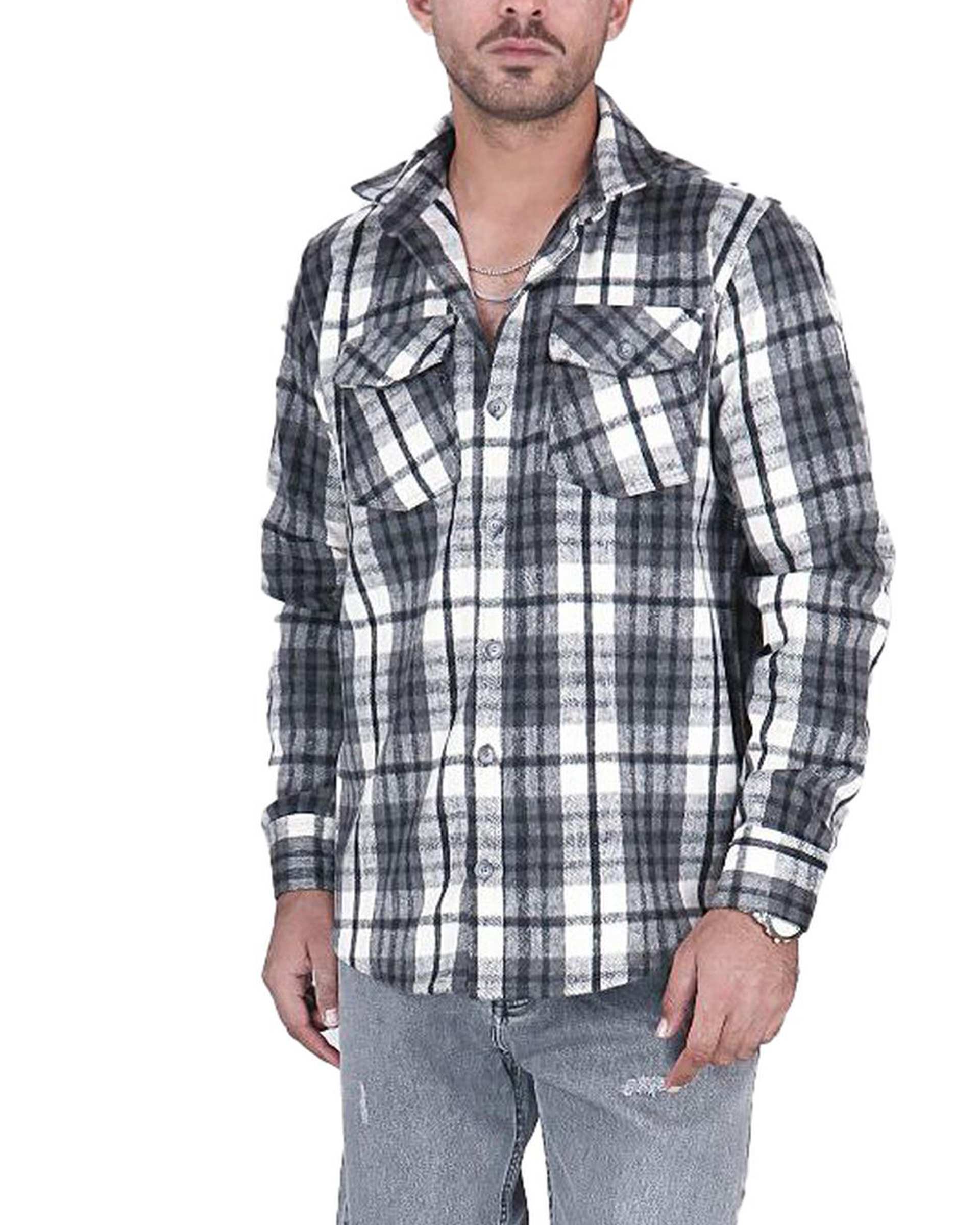 پیراهن مردانه اورسایز پشمی چهارخانه طوسی سفید یوسف Yoosef کد 301013