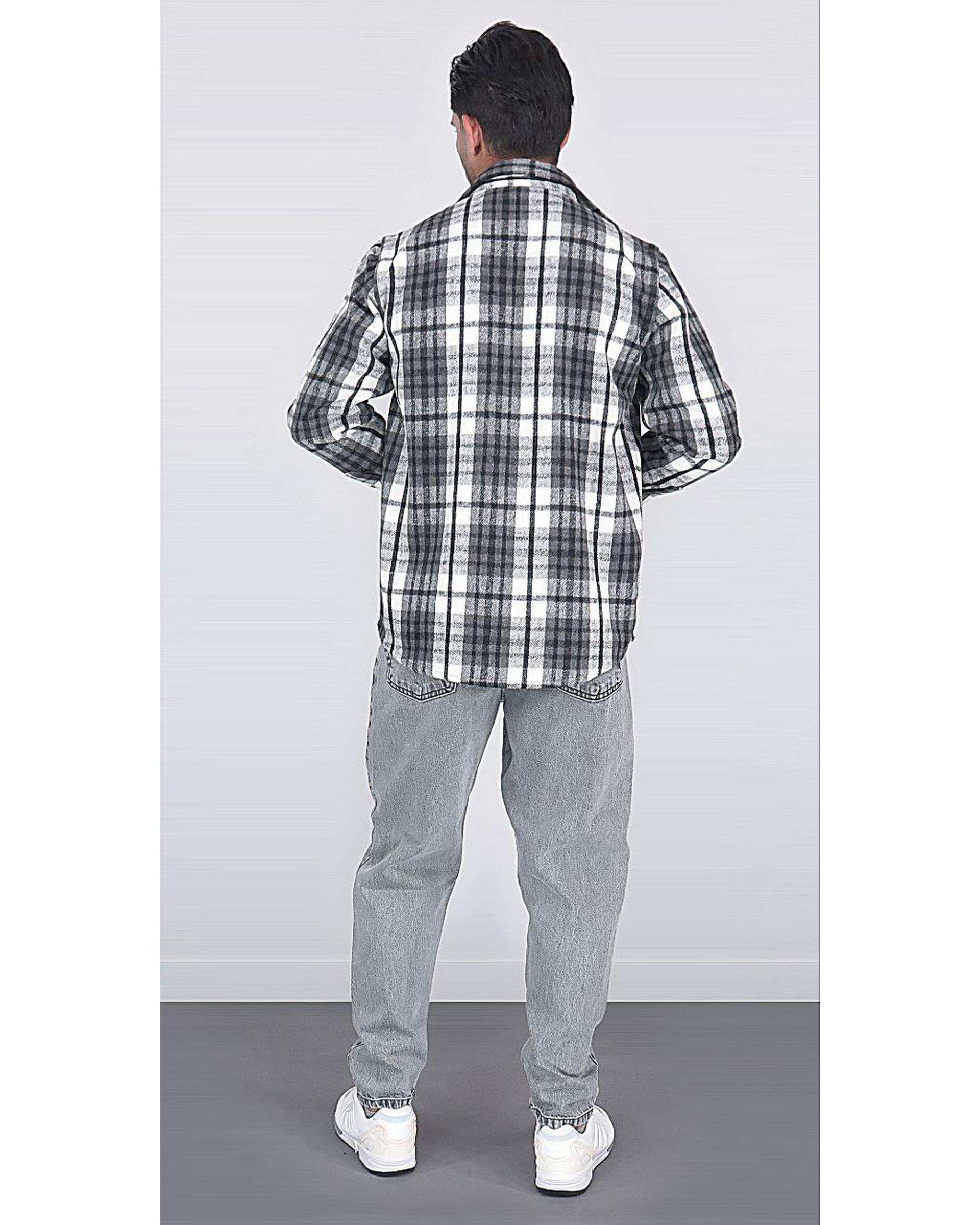 پیراهن مردانه اورسایز پشمی چهارخانه طوسی سفید یوسف Yoosef کد 301013