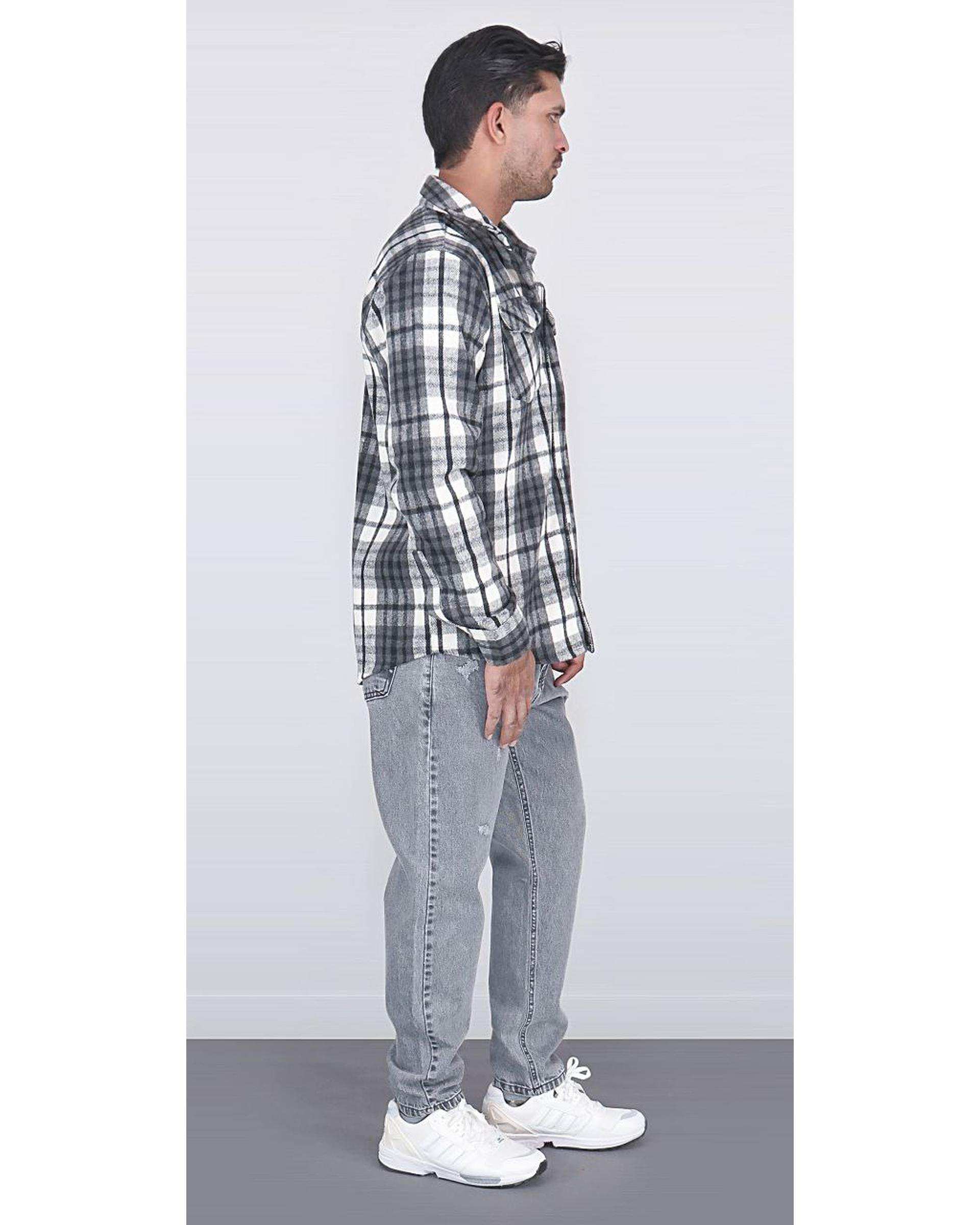 پیراهن مردانه اورسایز پشمی چهارخانه طوسی سفید یوسف Yoosef کد 301013