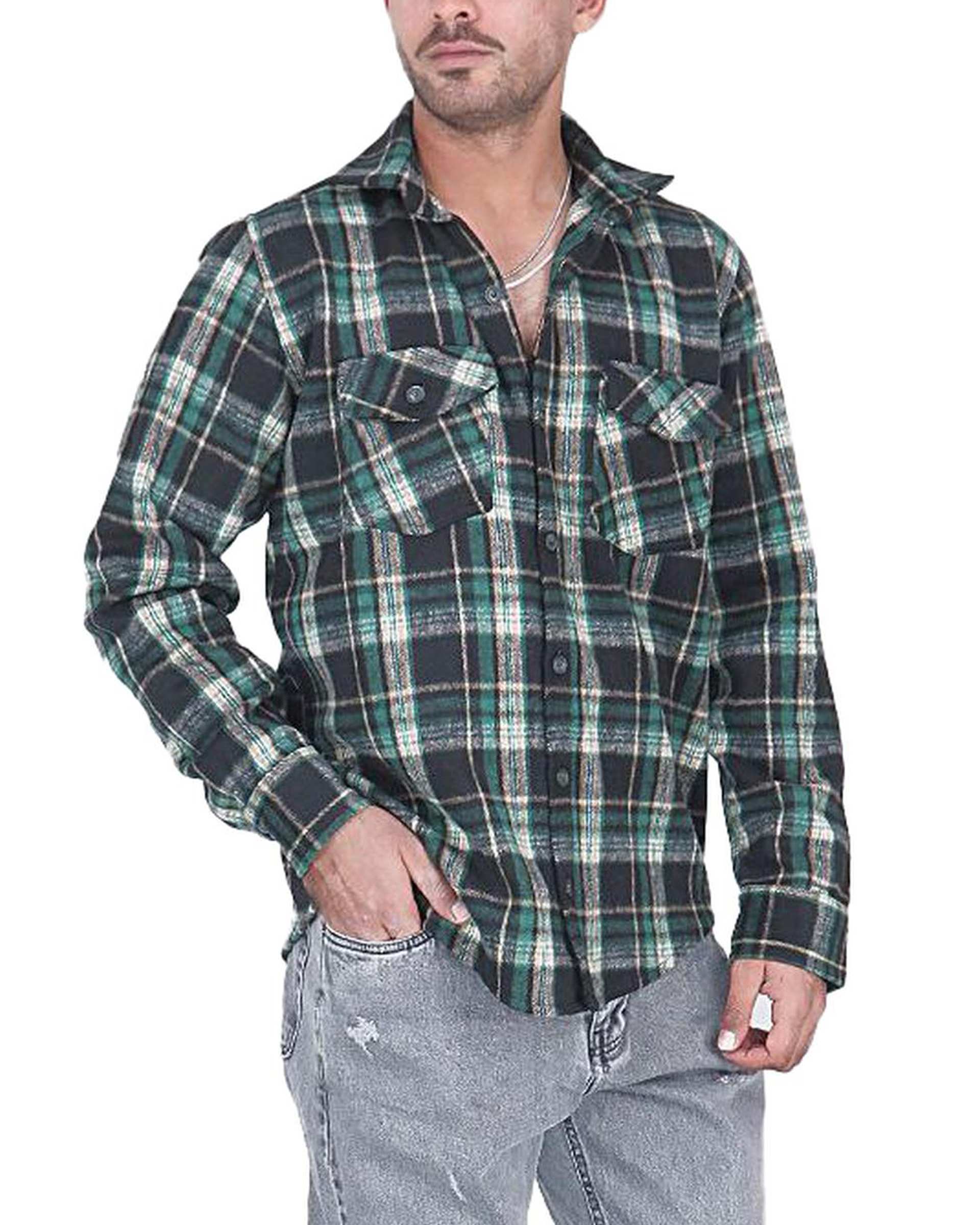 پیراهن مردانه اورسایز پشمی چهارخانه سبز مشکی یوسف Yoosef کد 301013