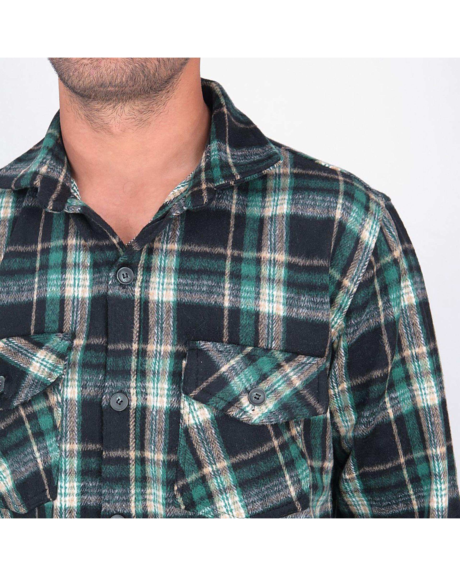 پیراهن مردانه اورسایز پشمی چهارخانه سبز مشکی یوسف Yoosef کد 301013