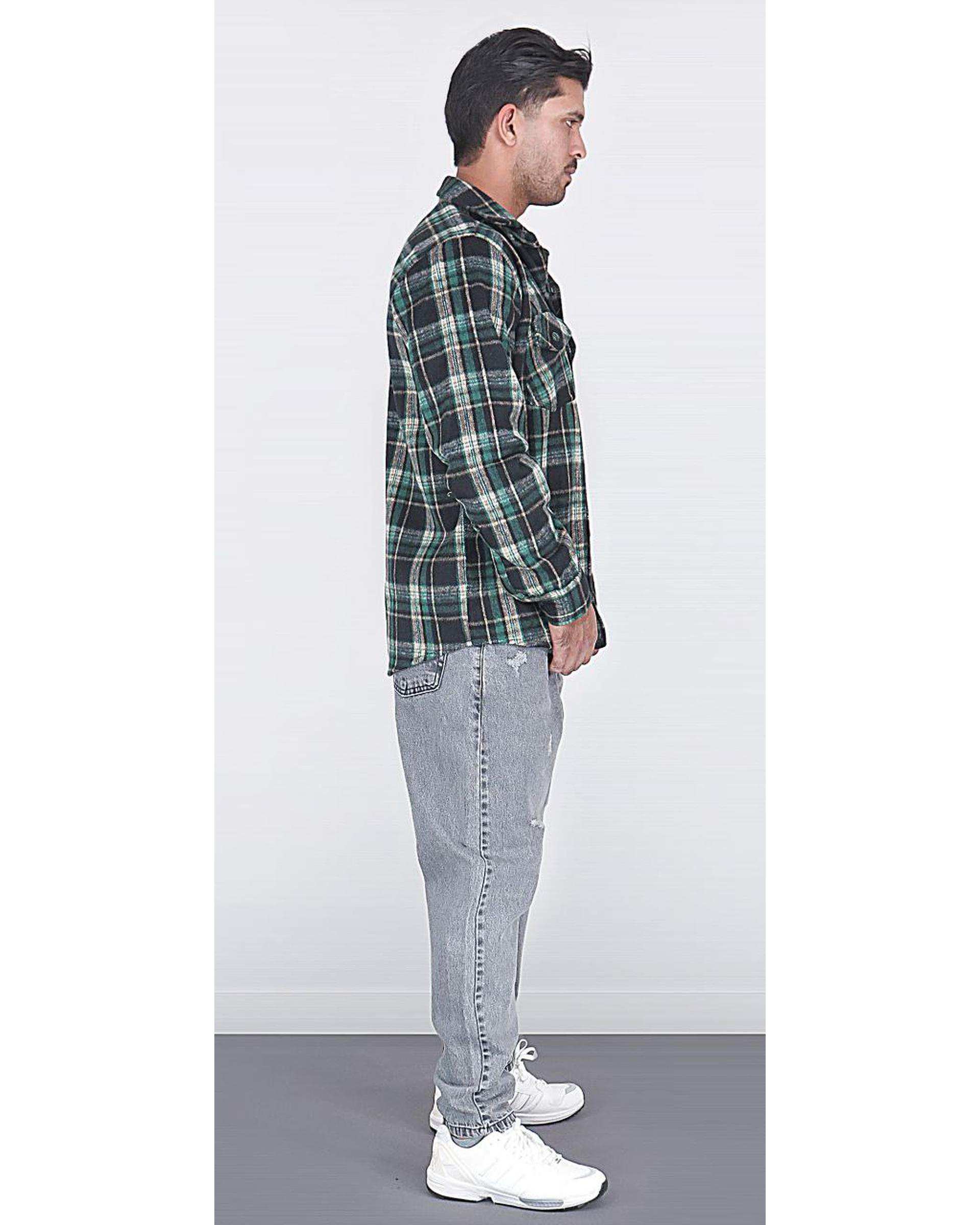پیراهن مردانه اورسایز پشمی چهارخانه سبز مشکی یوسف Yoosef کد 301013