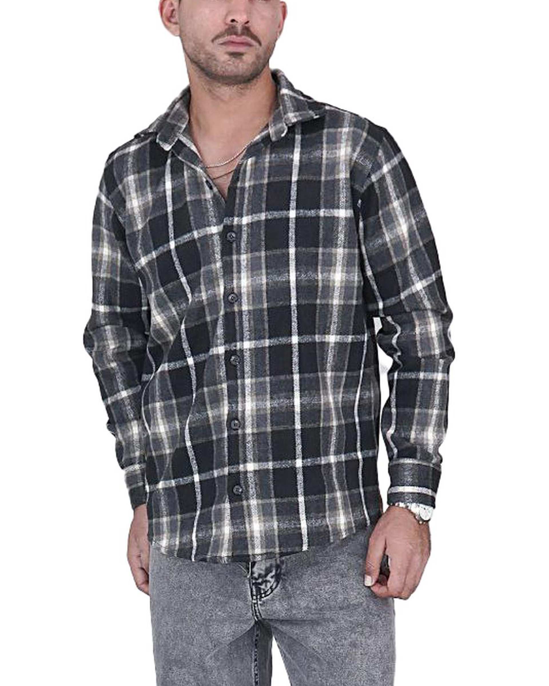 پیراهن مردانه سایز بزرگ پشمی چهارخانه مشکی قهوه ای یوسف Yoosef کد 302064