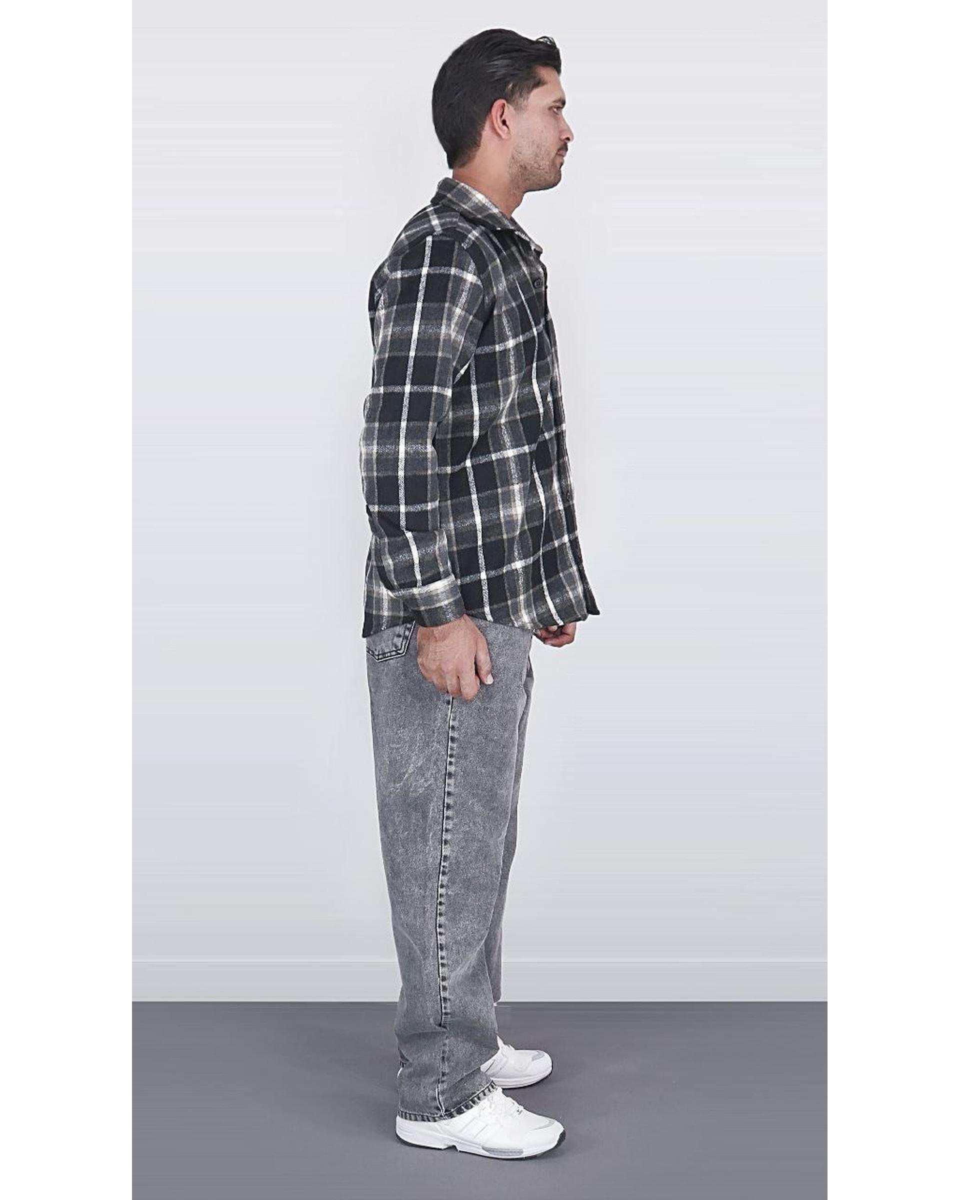 پیراهن مردانه سایز بزرگ پشمی چهارخانه مشکی قهوه ای یوسف Yoosef کد 302064