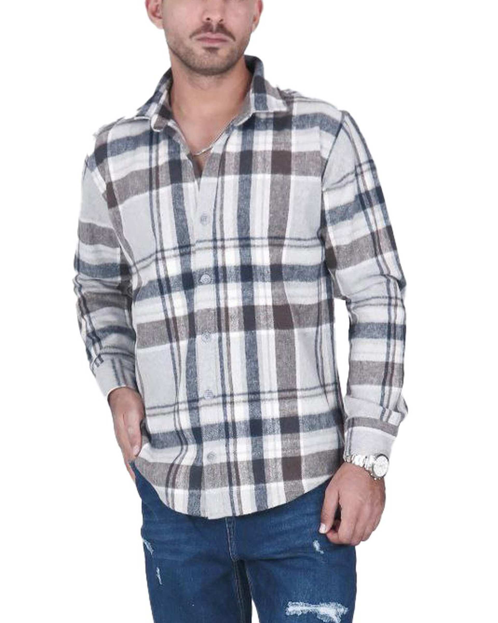 پیراهن مردانه سایز بزرگ پشمی چهارخانه شیری سرمه ای یوسف Yoosef کد 302064