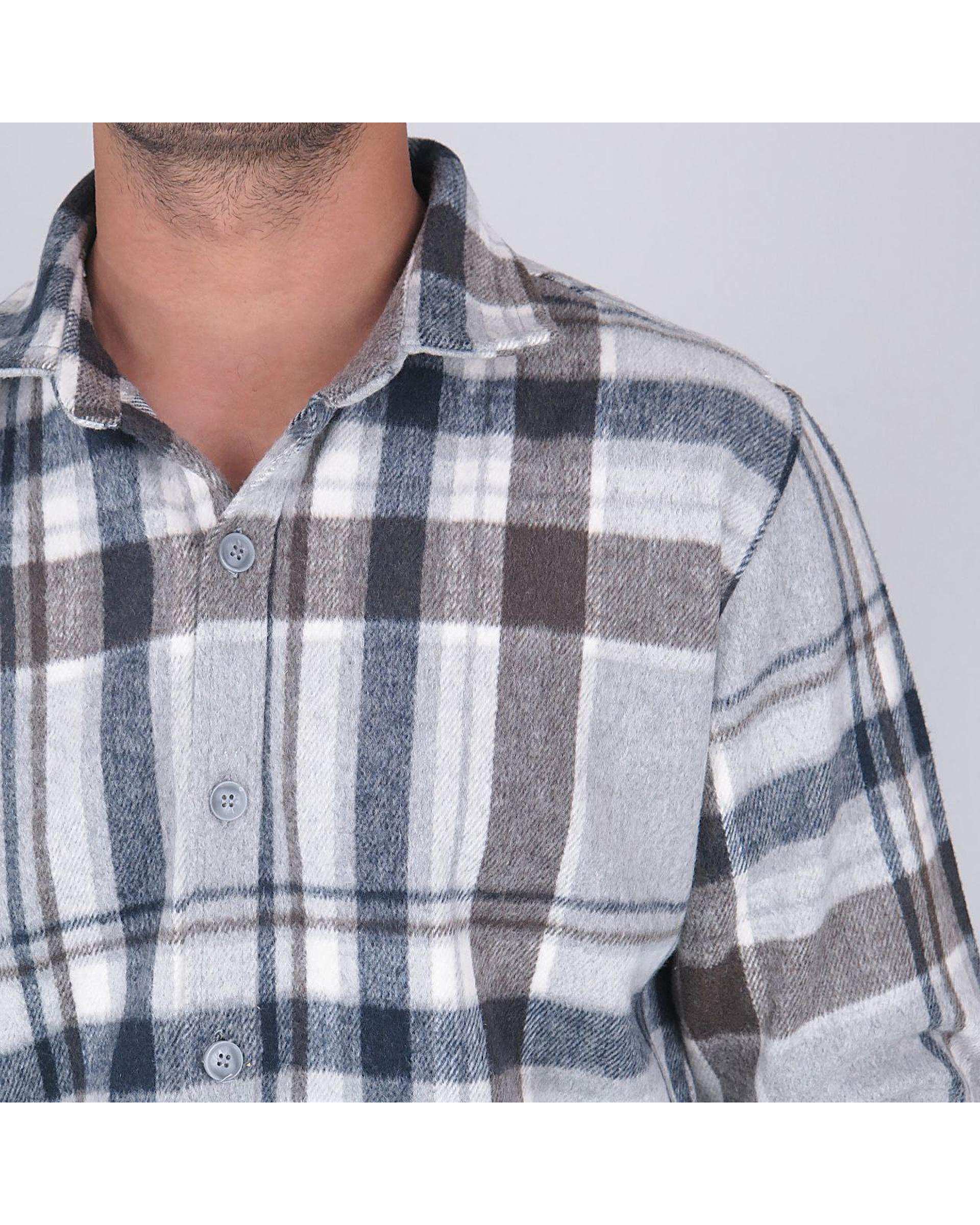 پیراهن مردانه سایز بزرگ پشمی چهارخانه شیری سرمه ای یوسف Yoosef کد 302064