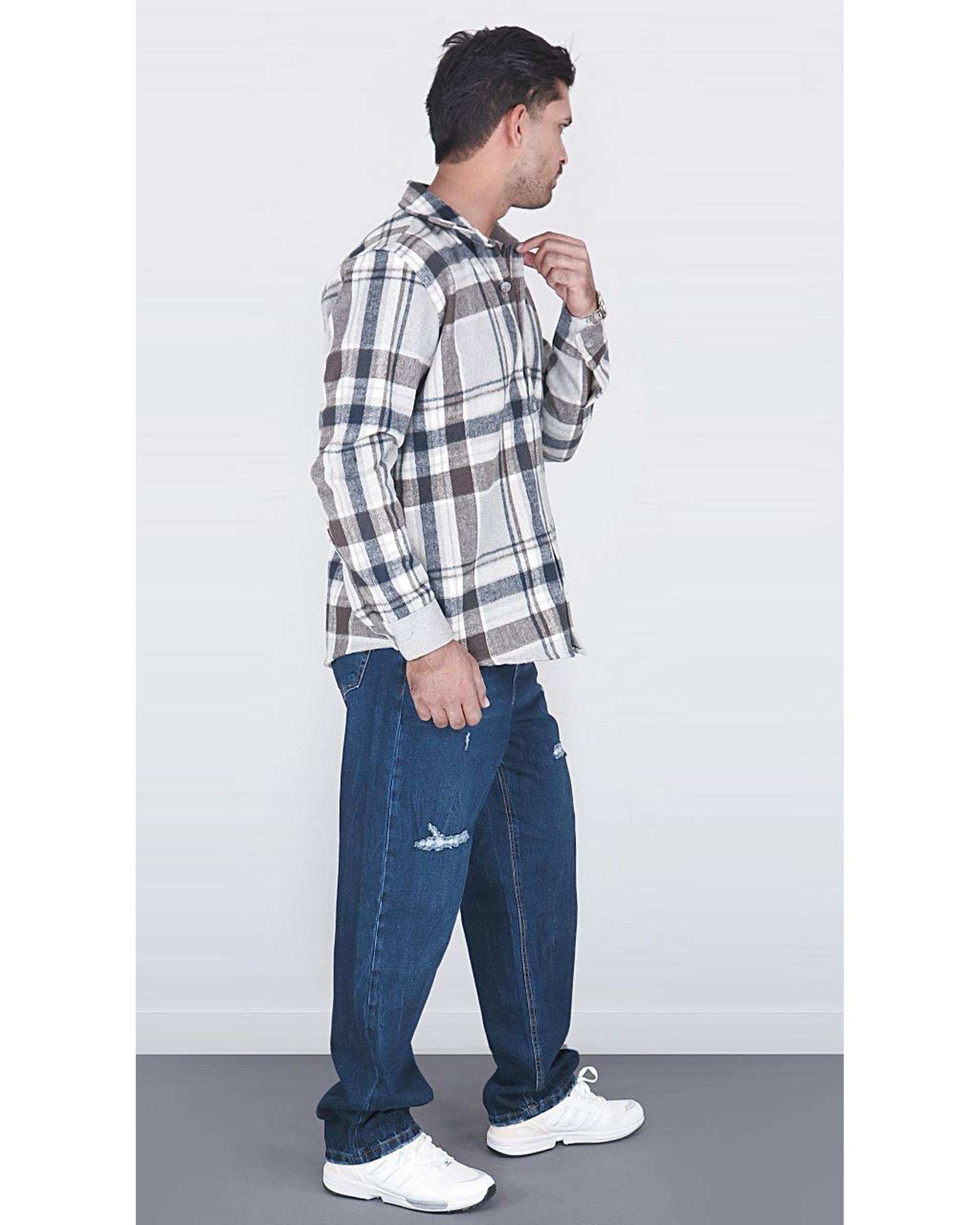 پیراهن مردانه سایز بزرگ پشمی چهارخانه شیری سرمه ای یوسف Yoosef کد 302064