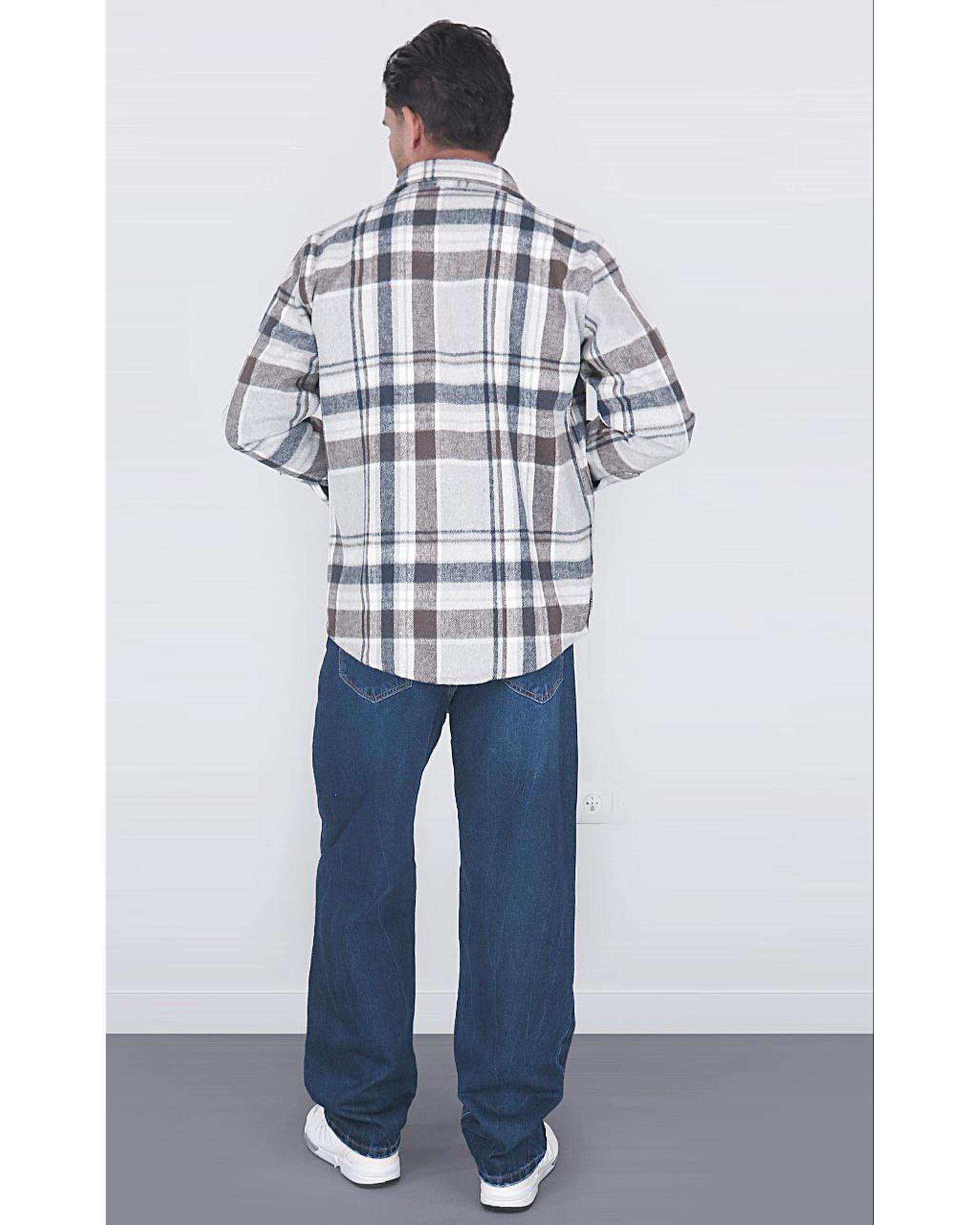 پیراهن مردانه سایز بزرگ پشمی چهارخانه شیری سرمه ای یوسف Yoosef کد 302064