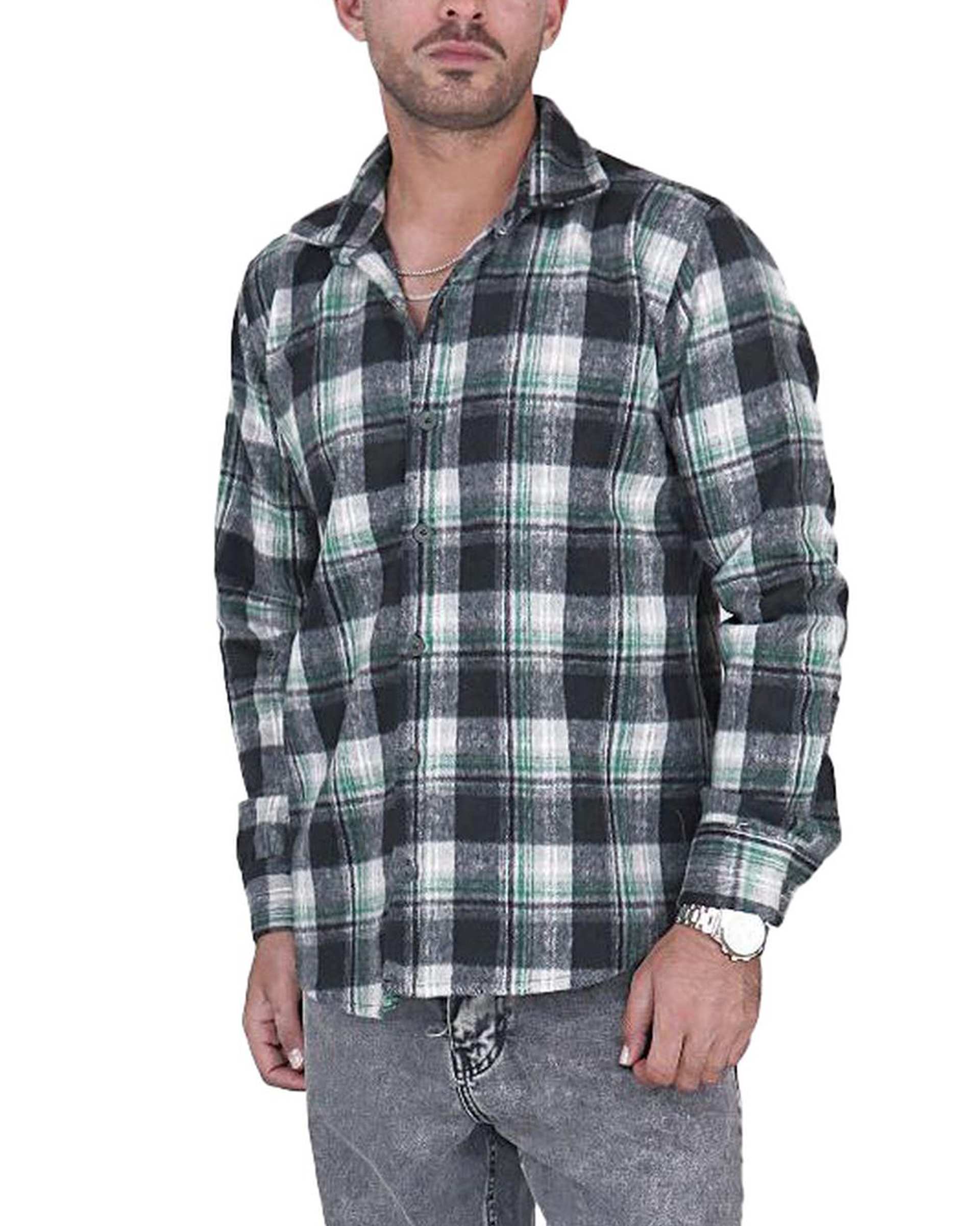 پیراهن مردانه سایز بزرگ پشمی چهارخانه طوسی سبز یوسف Yoosef کد 302064